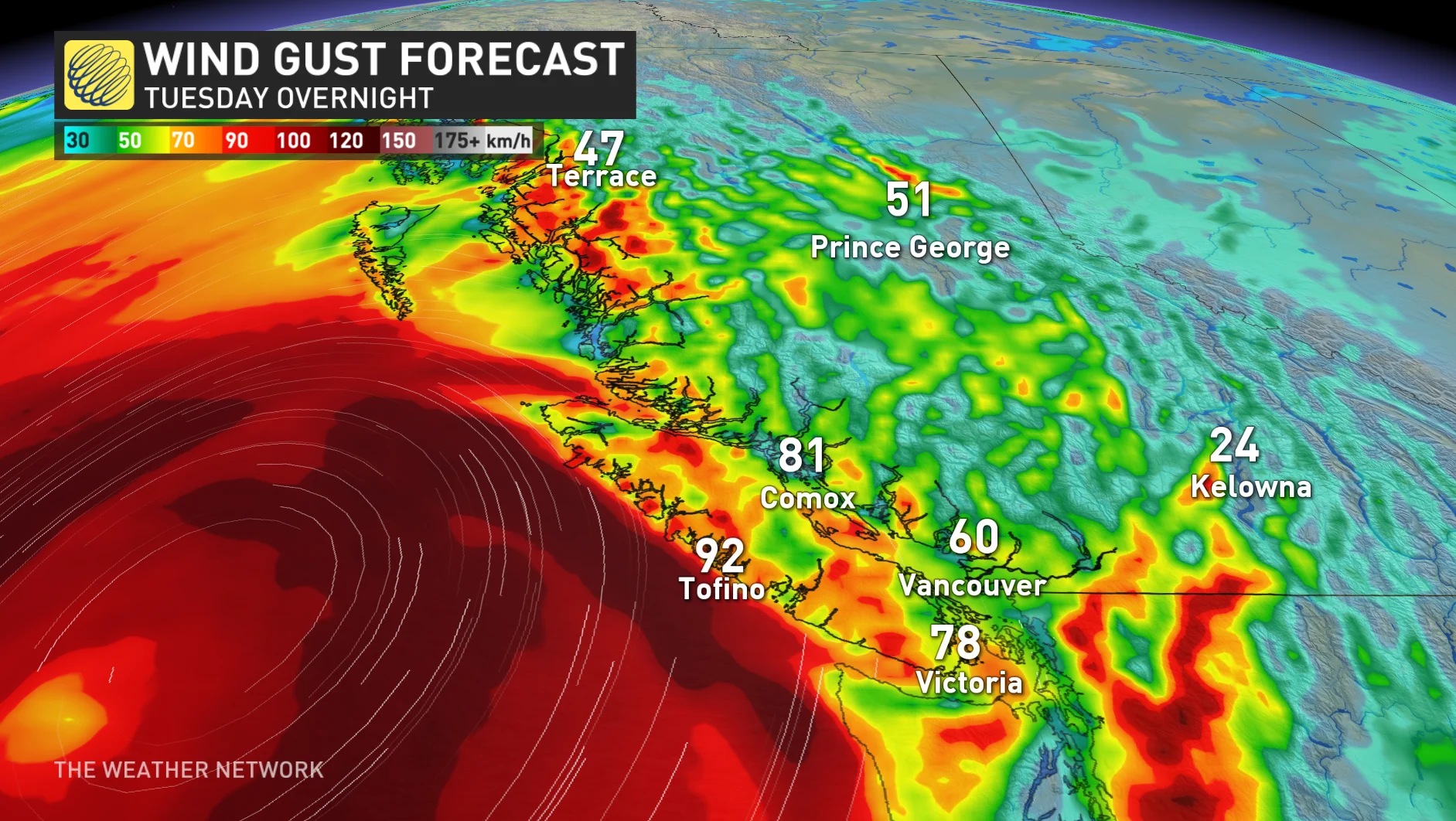 B.C. wind gust forecast Tuesday overnight