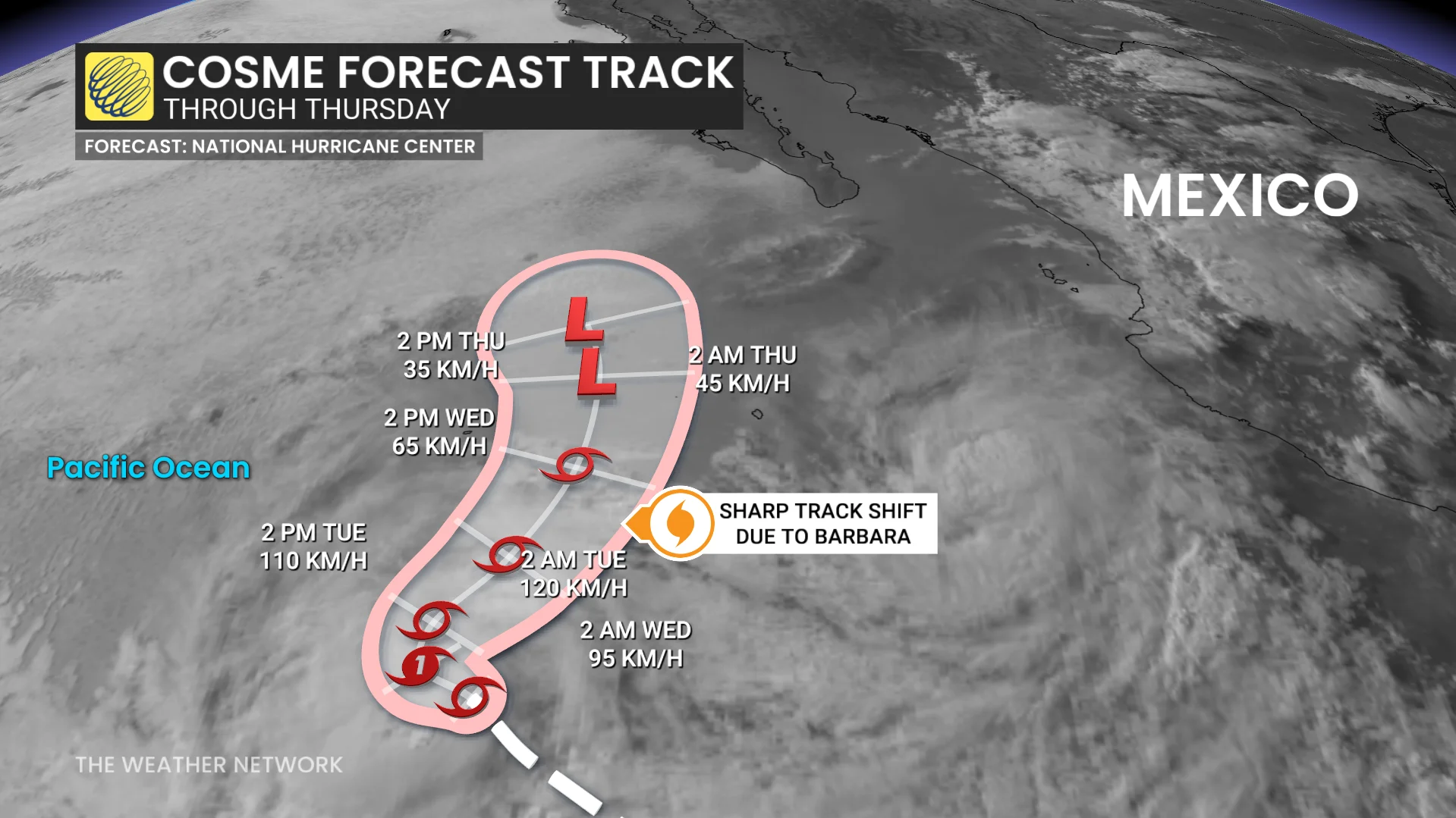 Tropical Cosme forecast track through Thursday