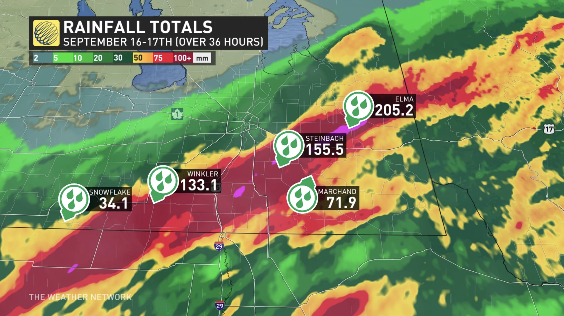 Baron: Southeastern Manitoba rainfall totals as of September 18. 2024