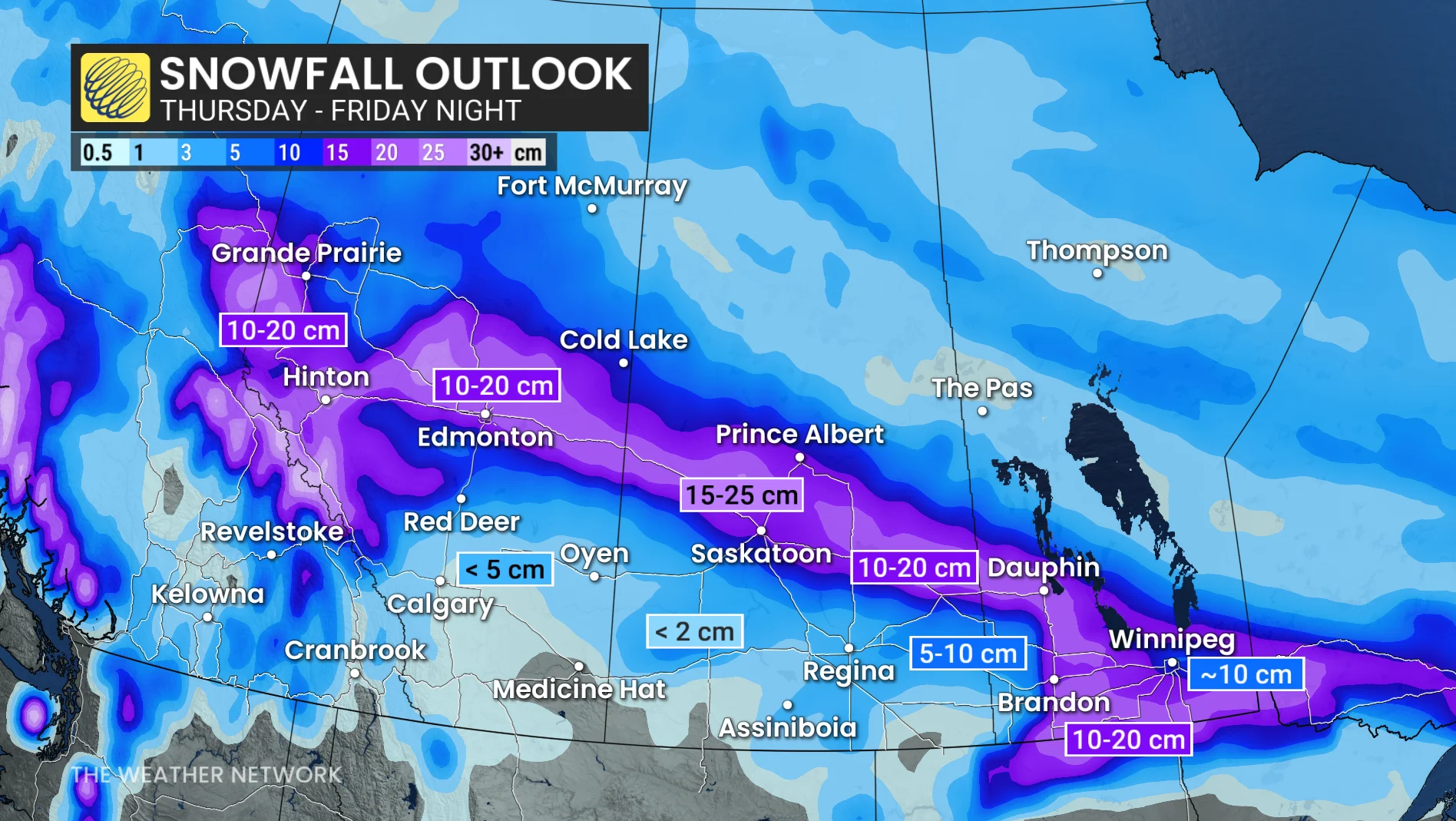 Prairies snowfall outlook Thursday to Friday night