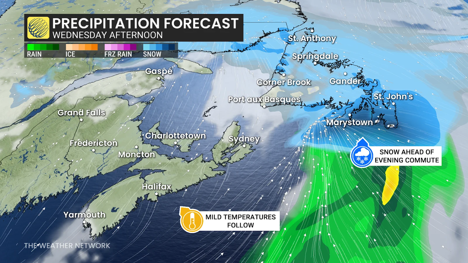 Atlantic Canada Wednesday afternoon forecast precipitation - March 2, 2026