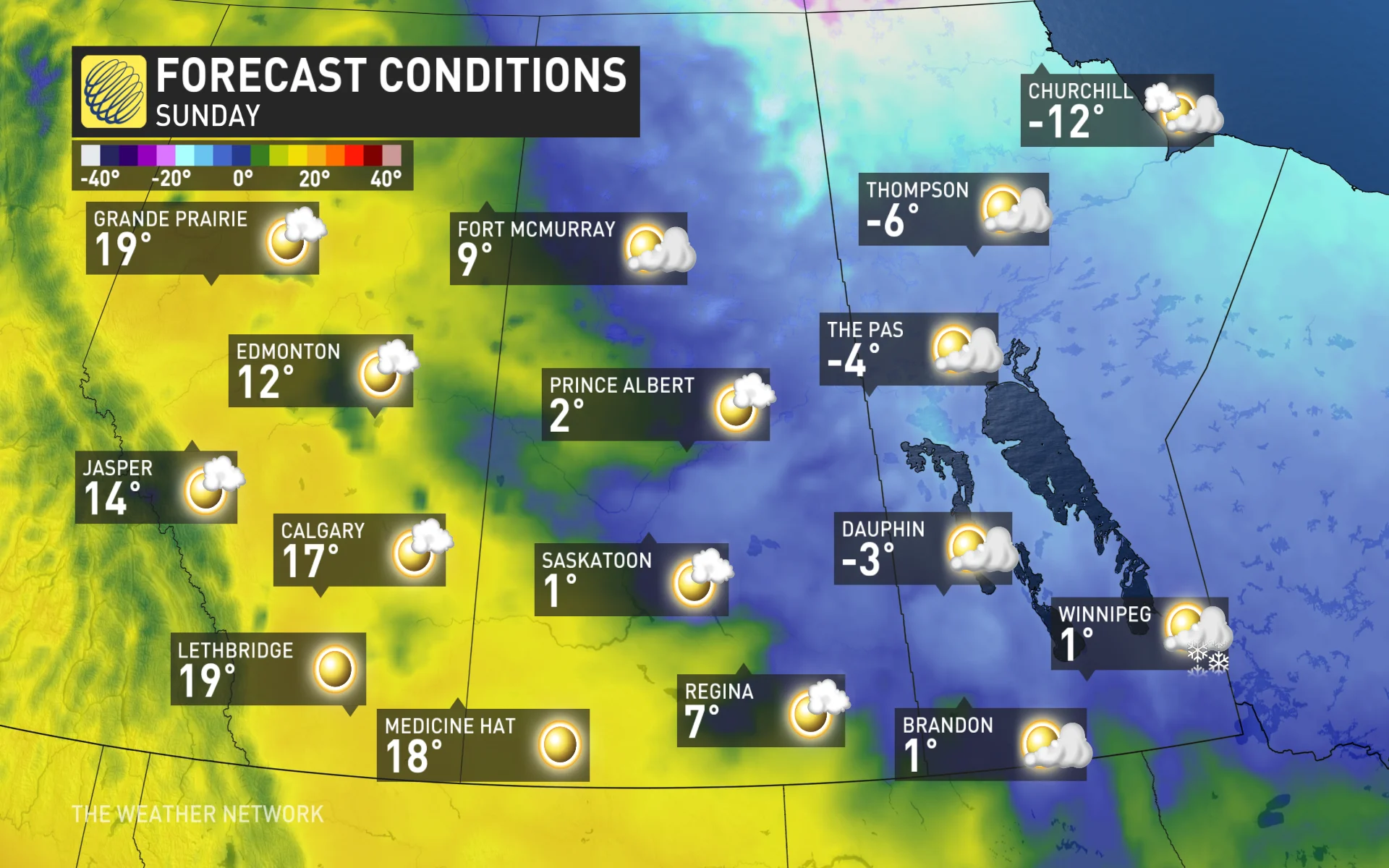 Prairies Sunday temperatures and icons