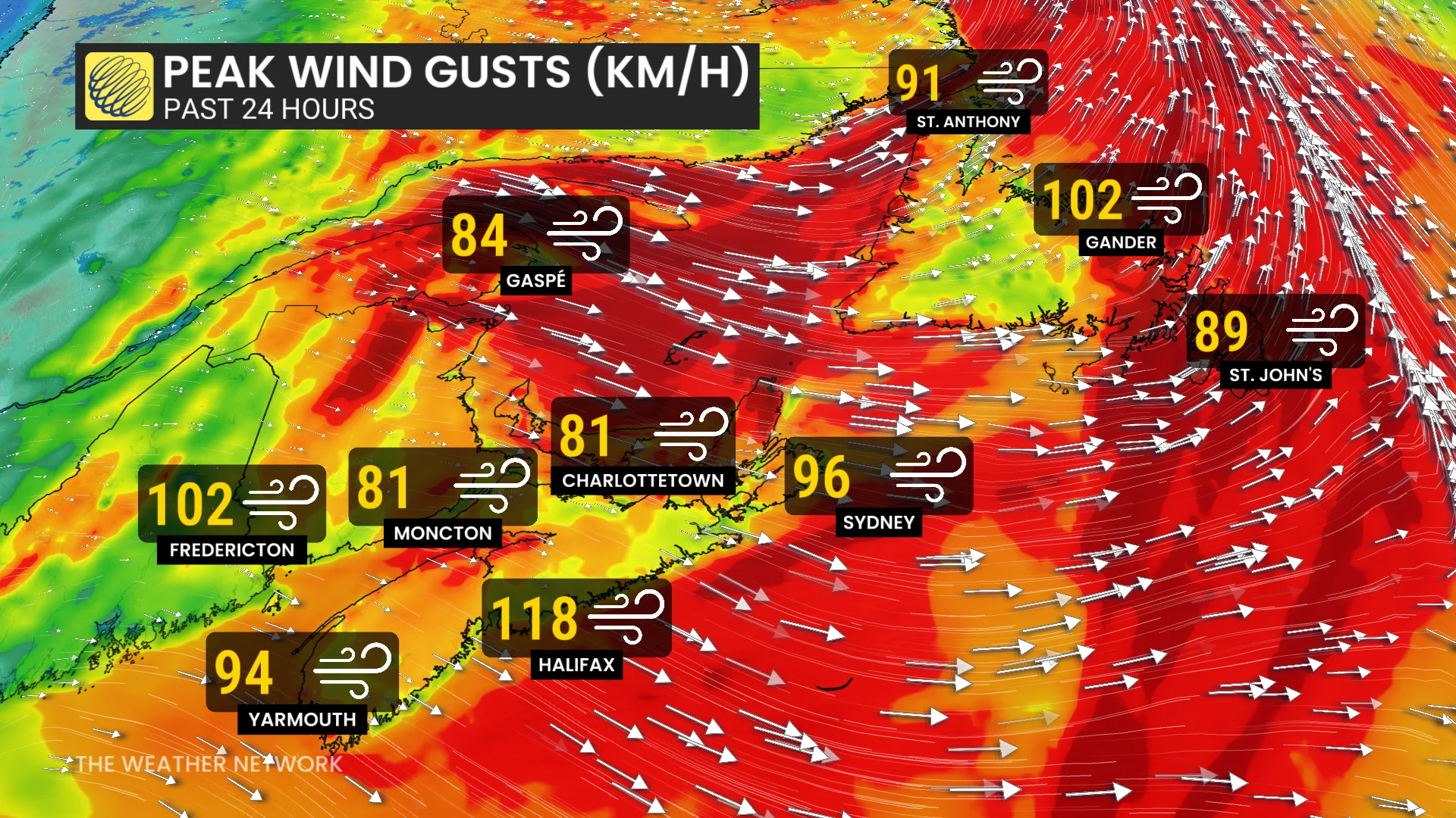 Atlantic Canada peak wind gusts December 20, 2025