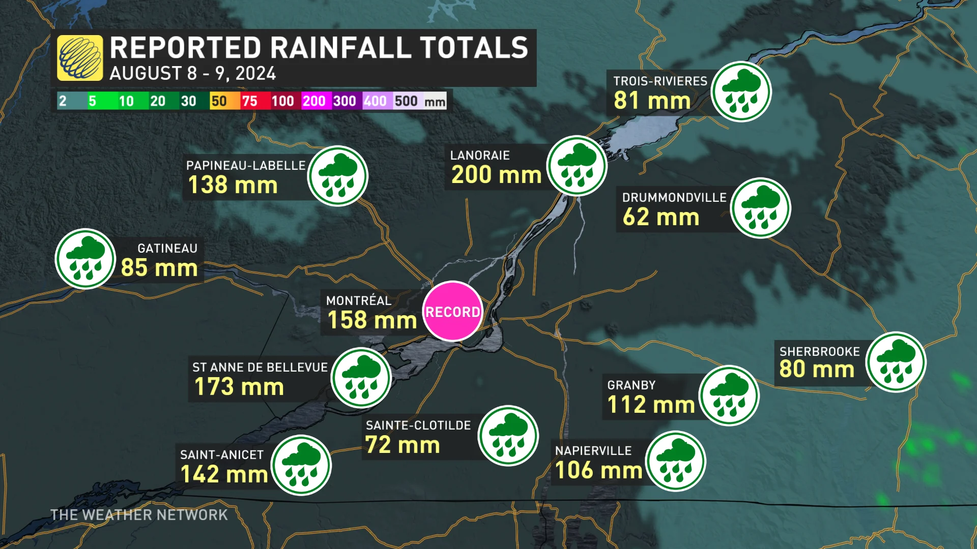 Quebec rainfall totals Aug. 8-9, 2024