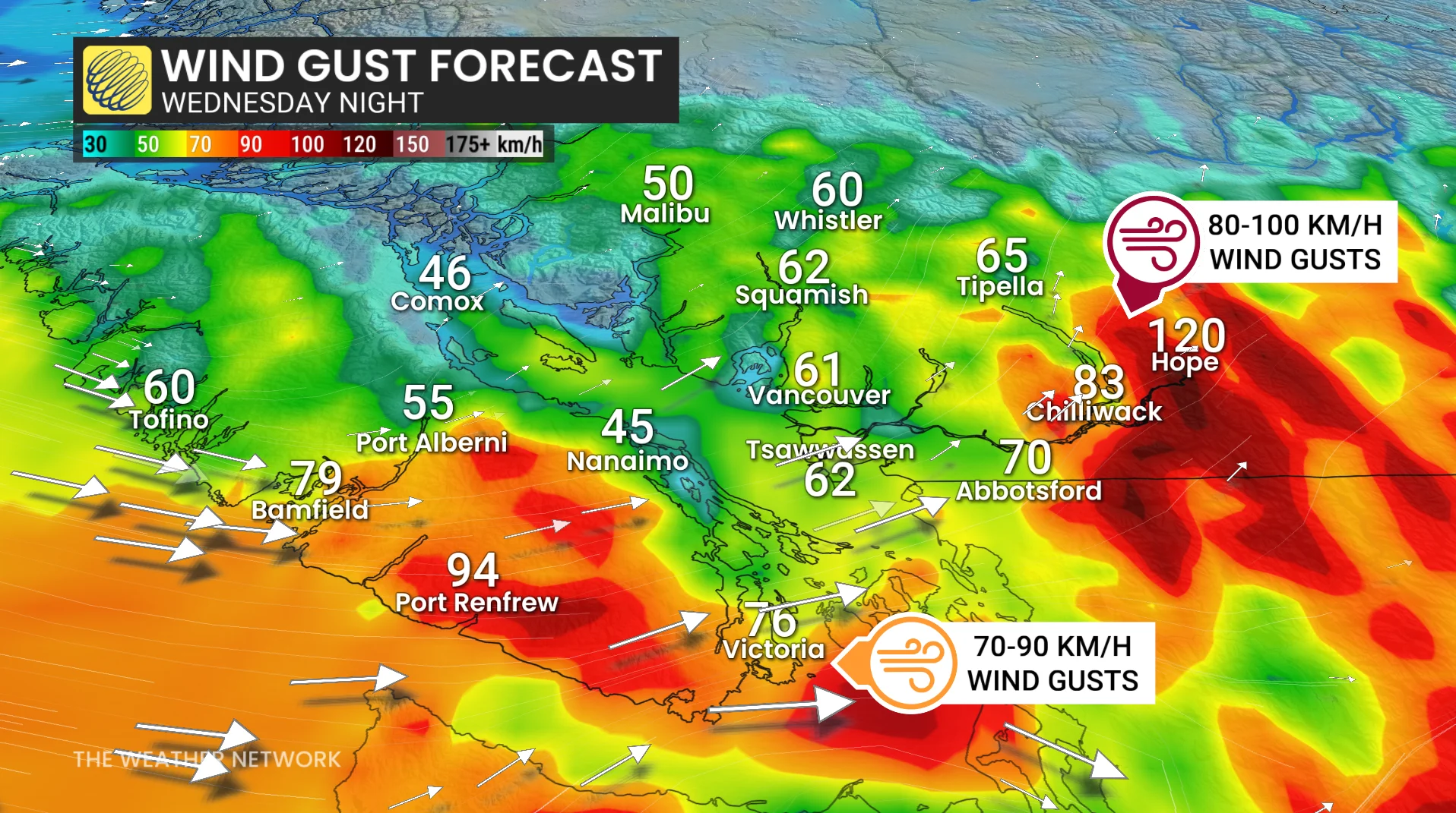 B.C. Wednesday night forecast wind gusts - March 10, 2026