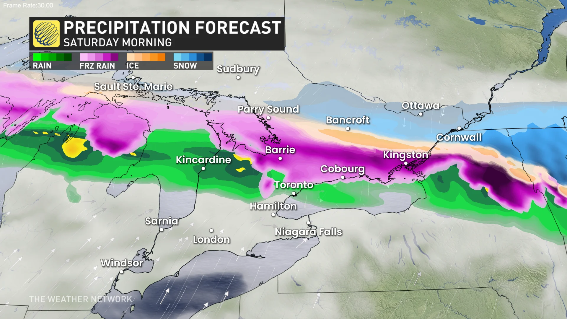 Ontario Saturday morning precipitation timing forecast