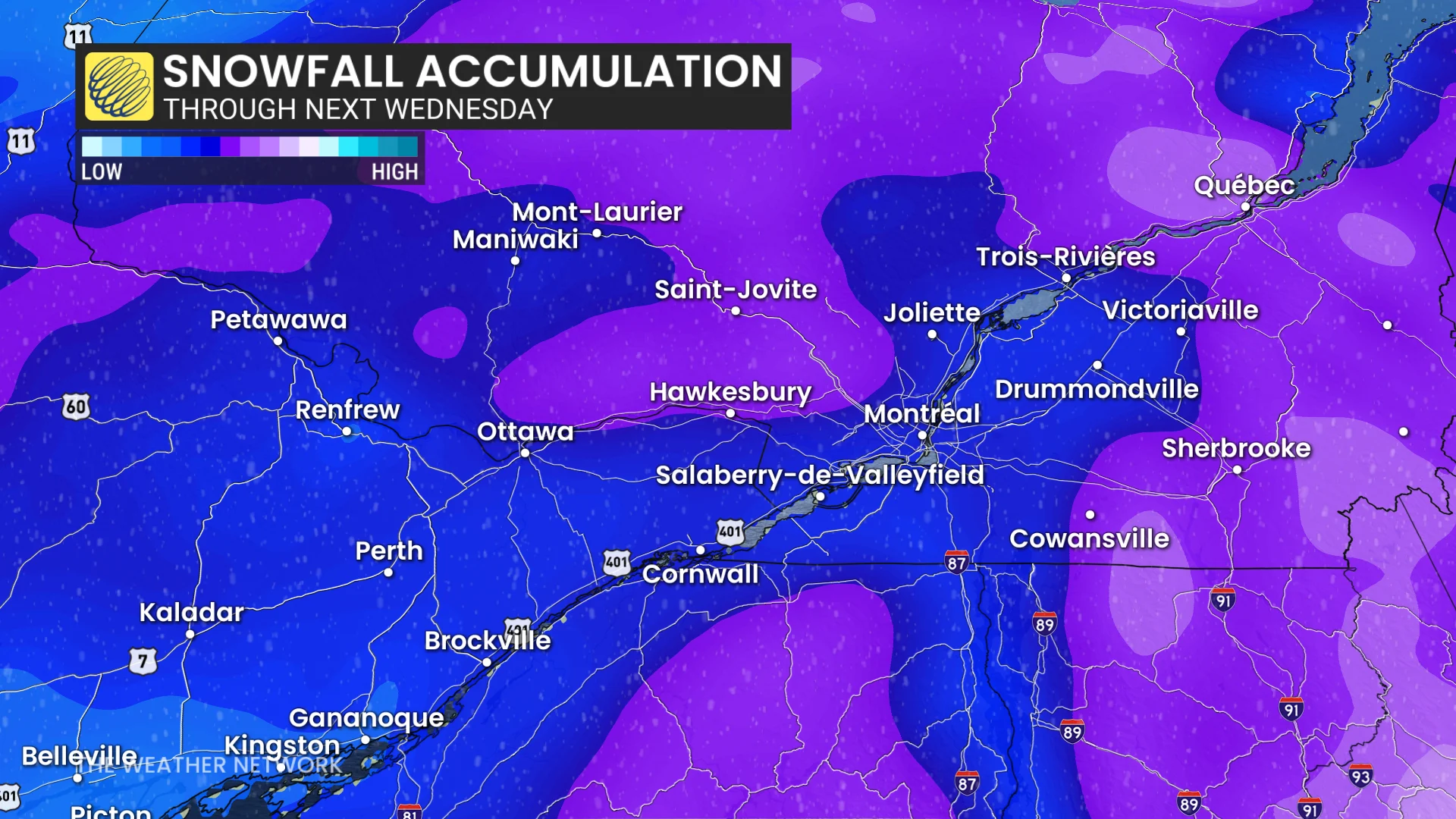 Snowfall expected expected in Ottawa, Montreal through February 26 2025.
