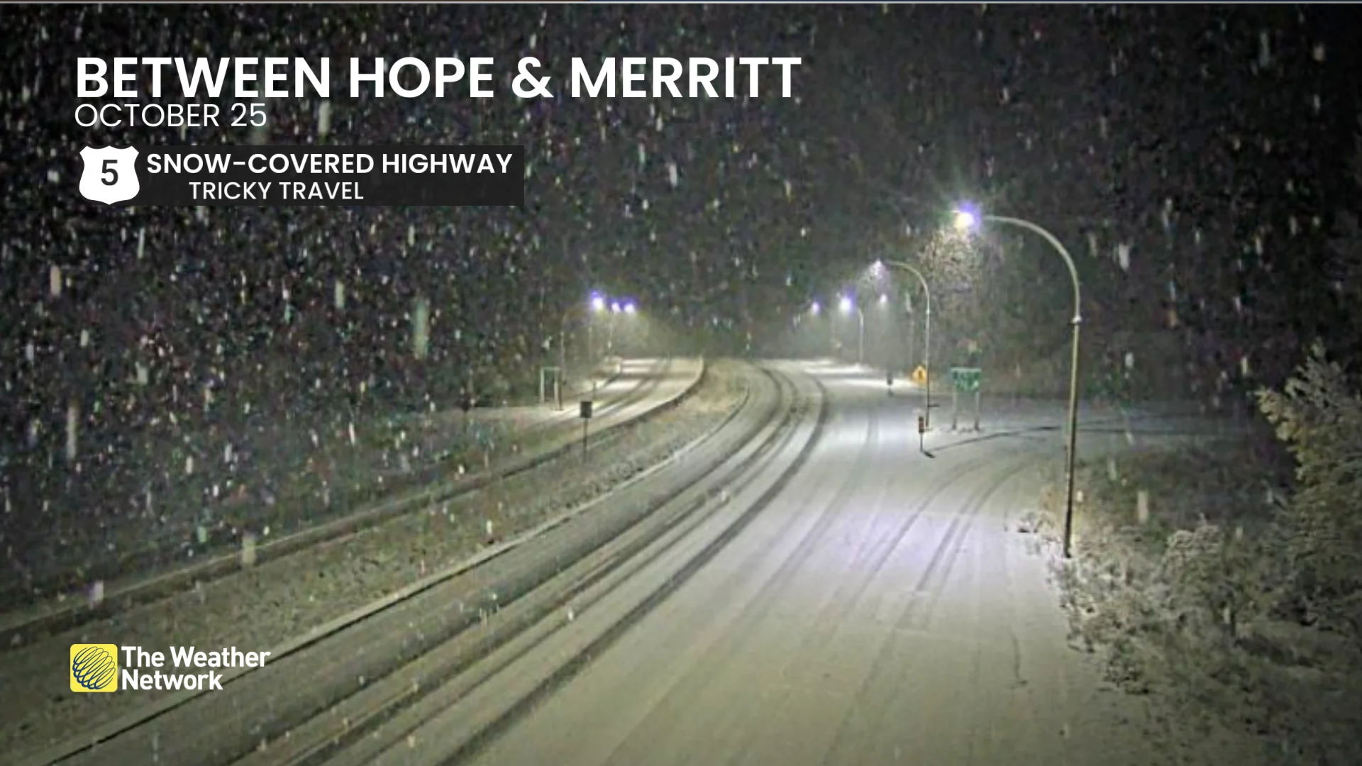 DriveBC traffic camera of snow Highway 5 between Hope and Merritt