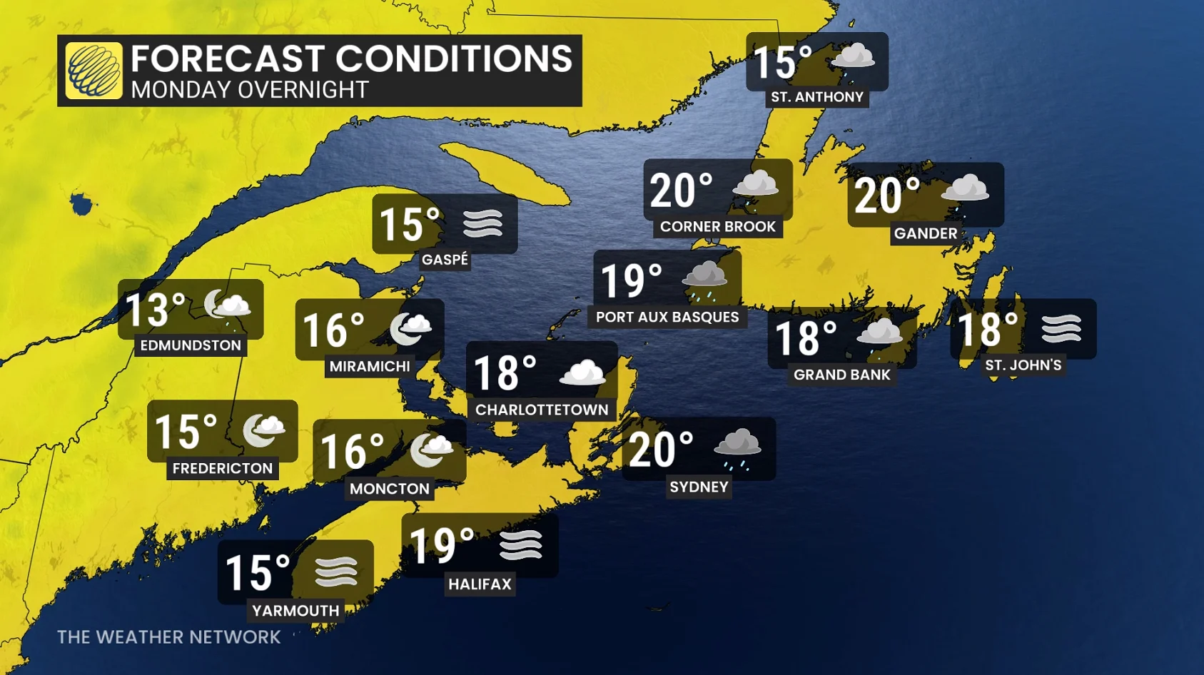 Atlantic Canada forecast conditions Monday overnight