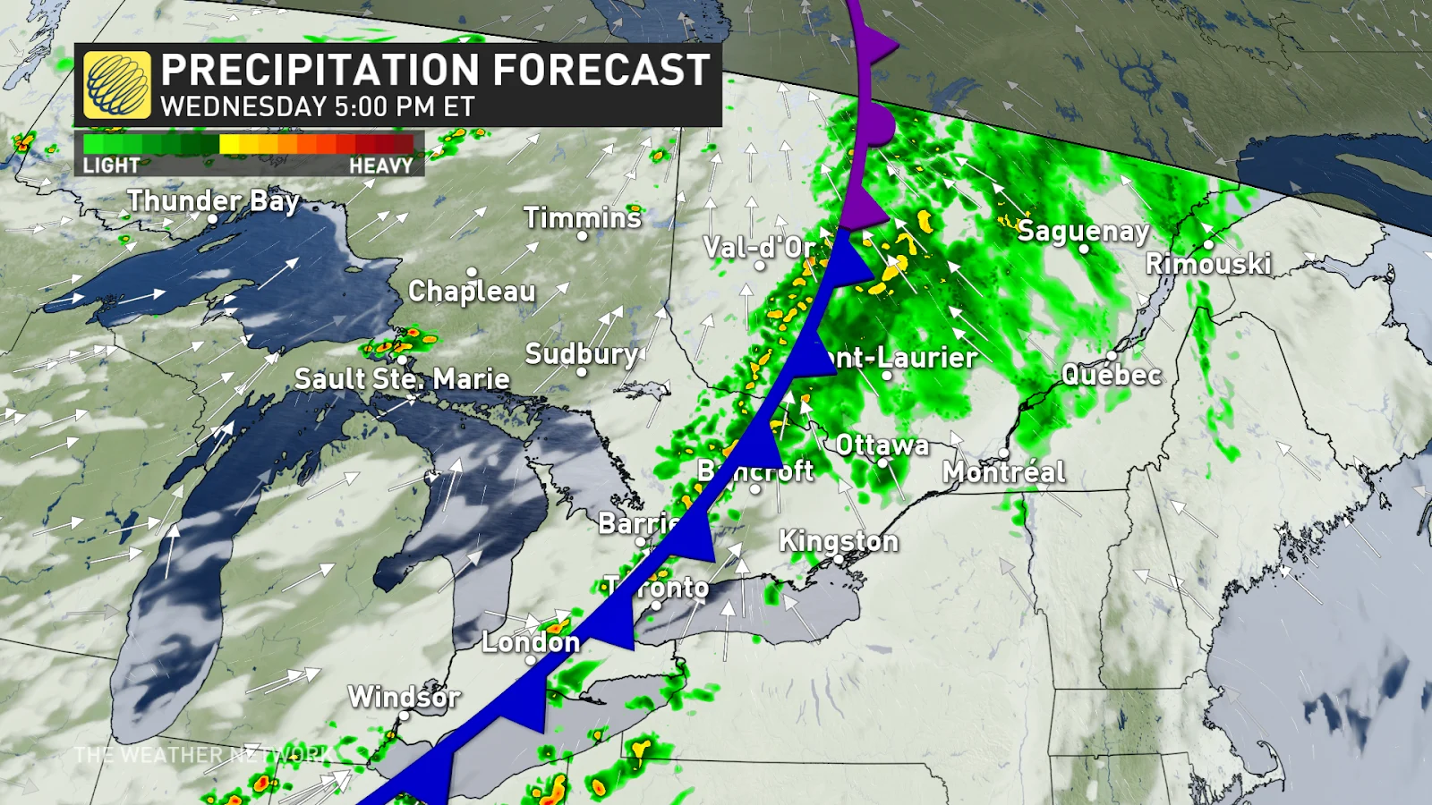 Ontario Wednesday PM cold front precipitation forecast July 3 2024