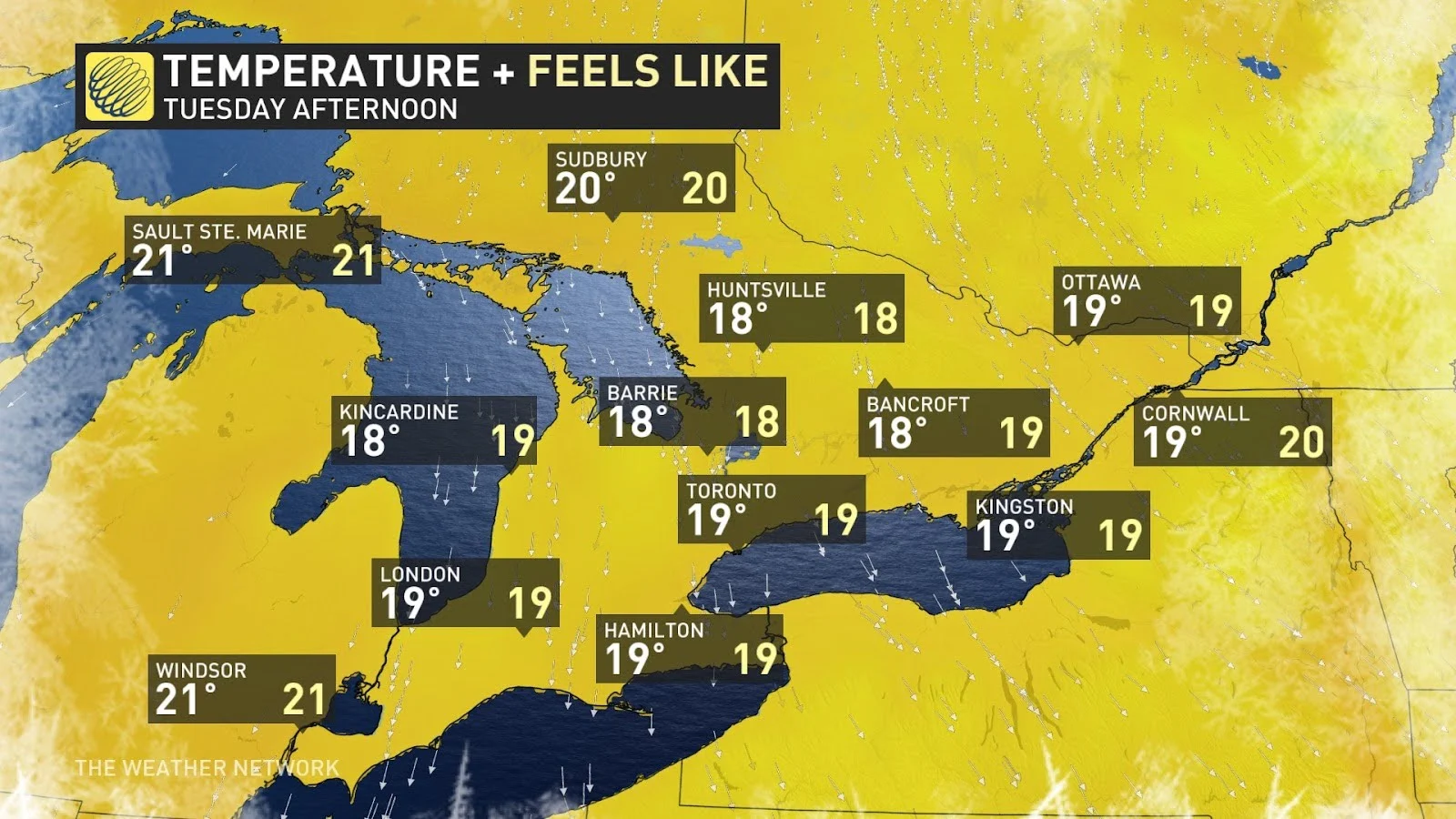 Southern Ontario Tuesday daytime highs Aug 19 2024