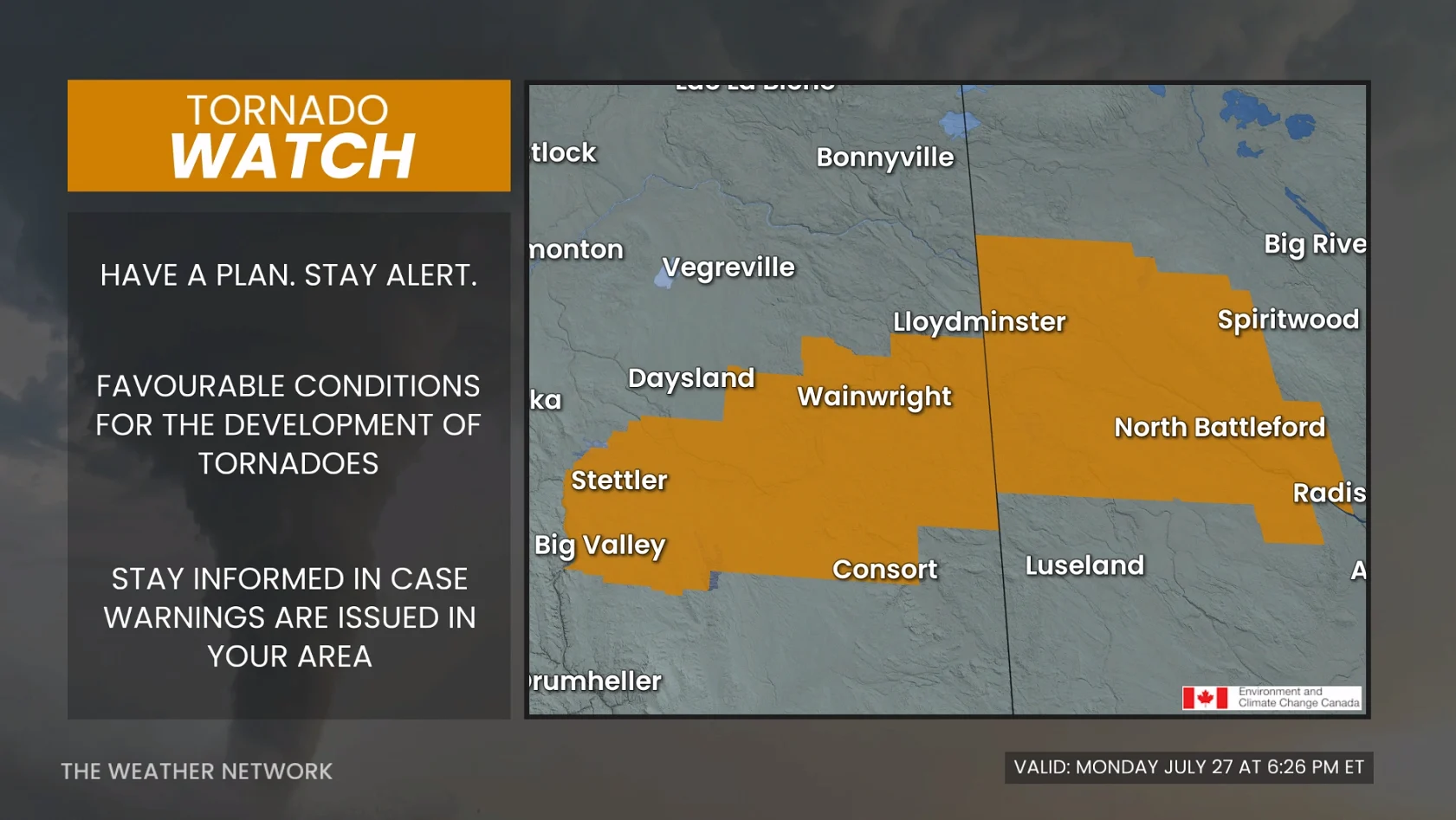 Alberta Saskatchewan tornado watch July 27, 2026