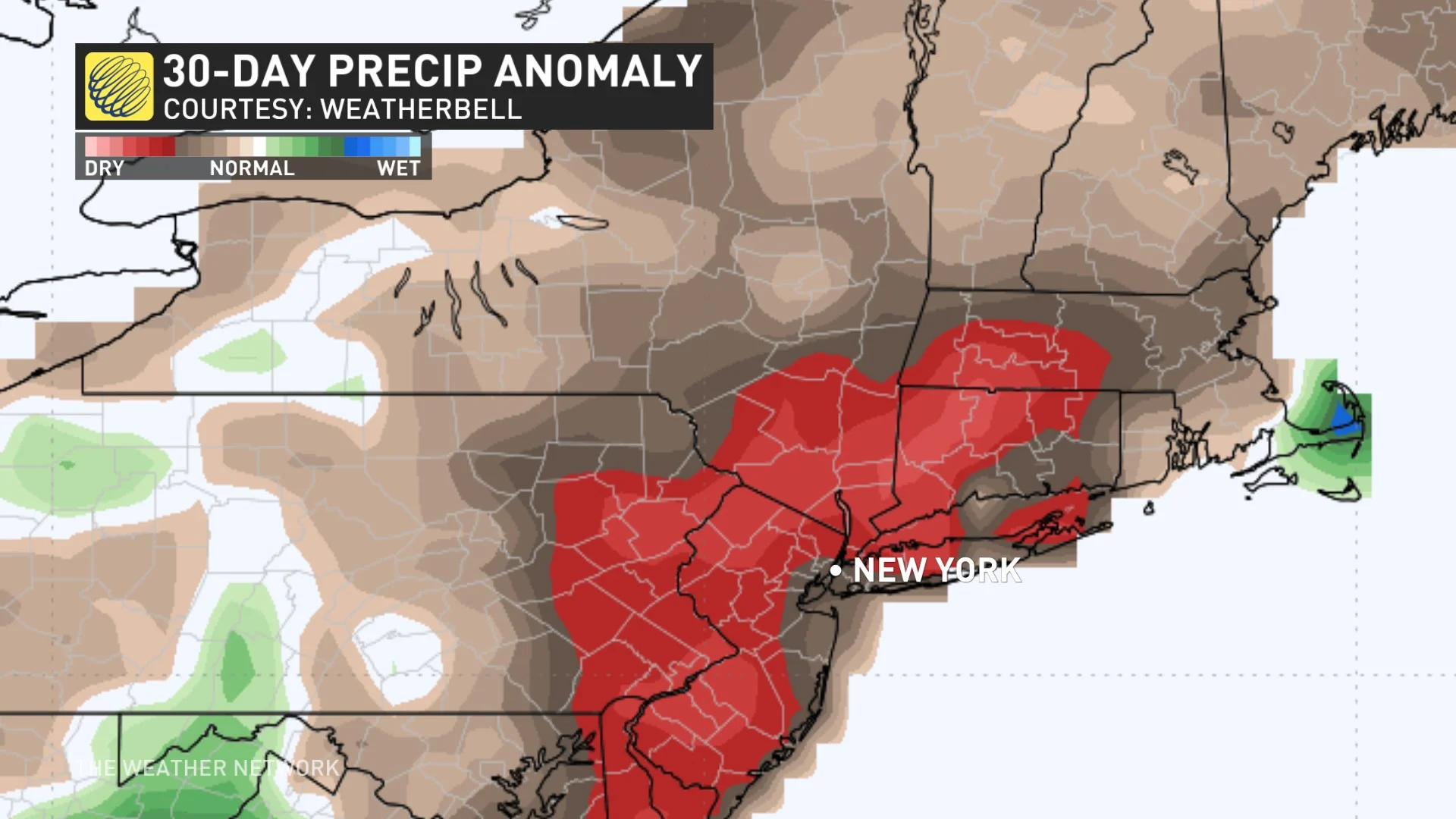 30-day precipitation anomaly U.S. Northeast