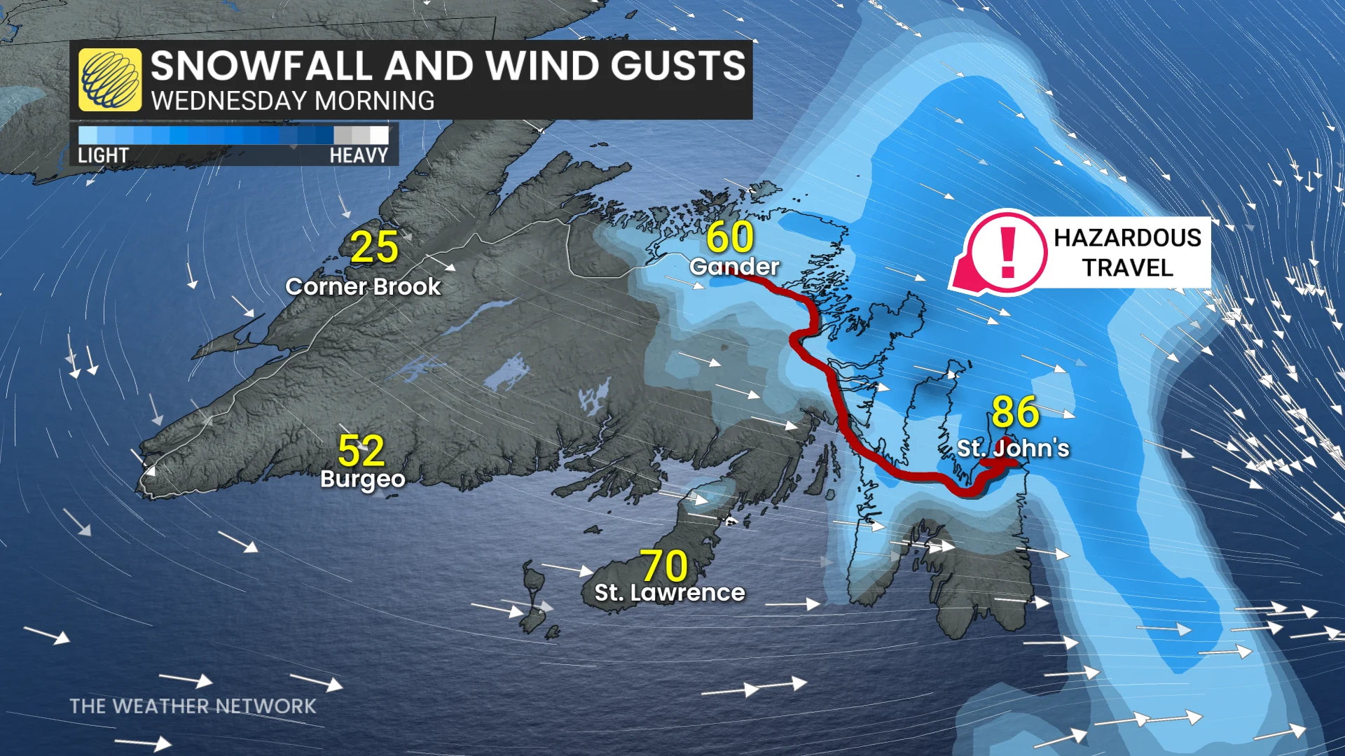 Newfoundland snow and winds Wednesday morning