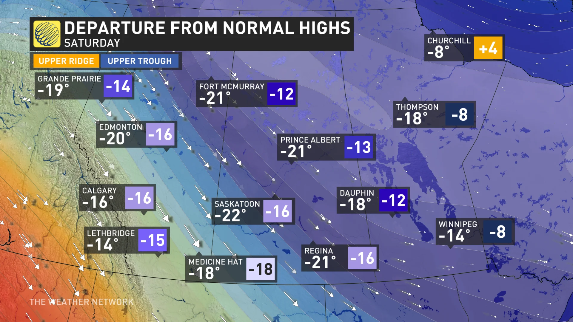 Departure from normal highs Prairies on Saturday (Nov. 30)