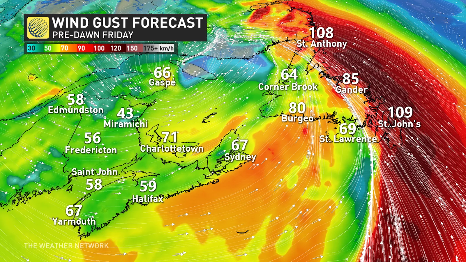 Newfoundland wind gusts pre dawn Friday