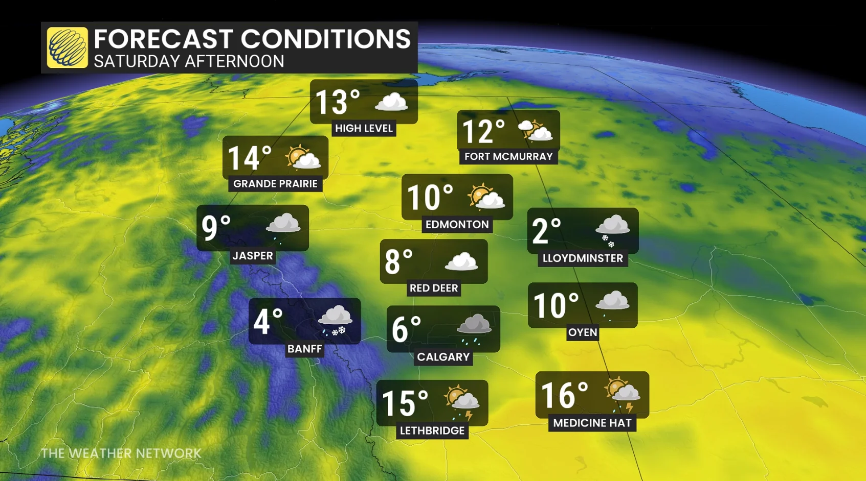 Alberta temperatures and icons Saturday