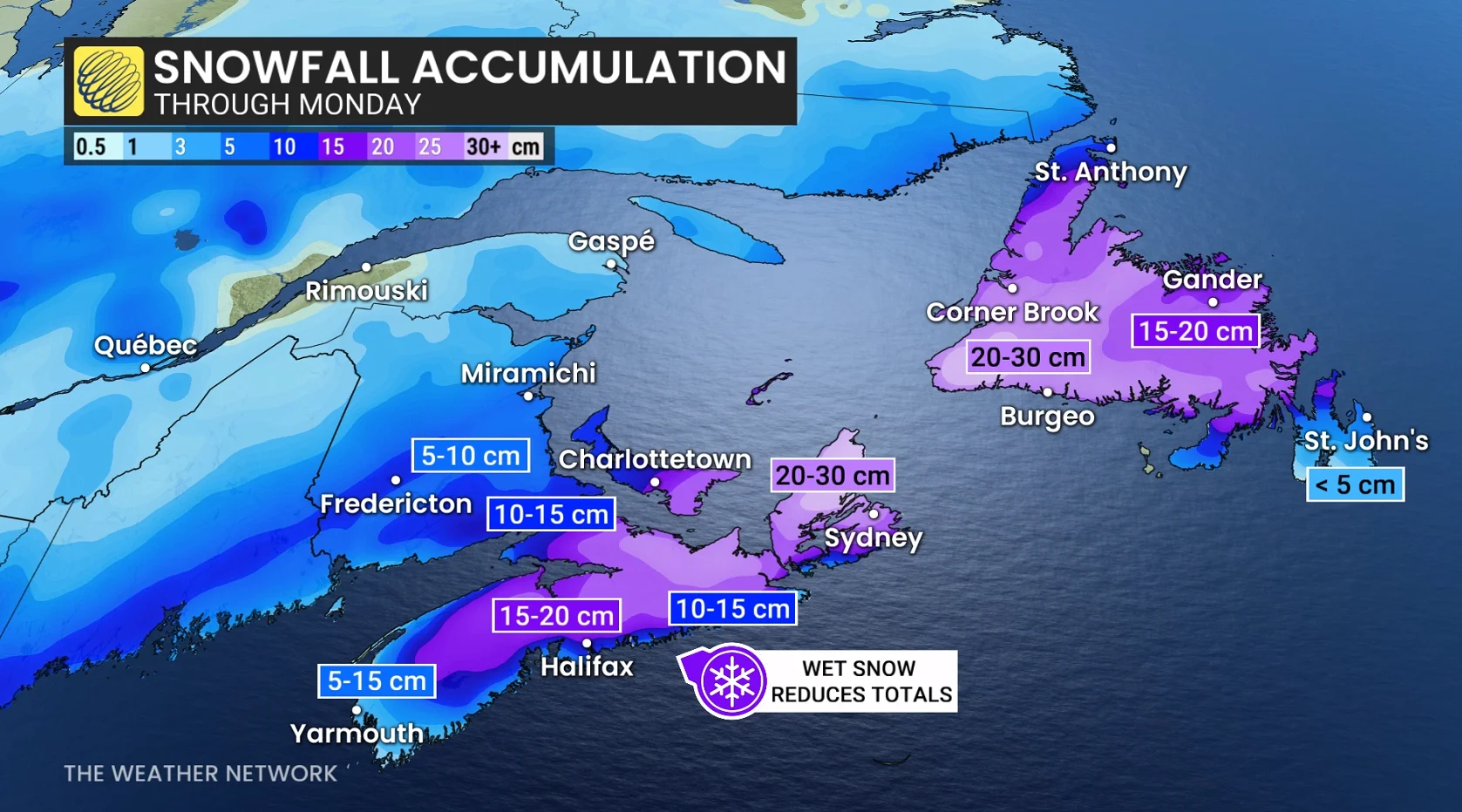 Atlantic Canada snowfall forecast through Monday
