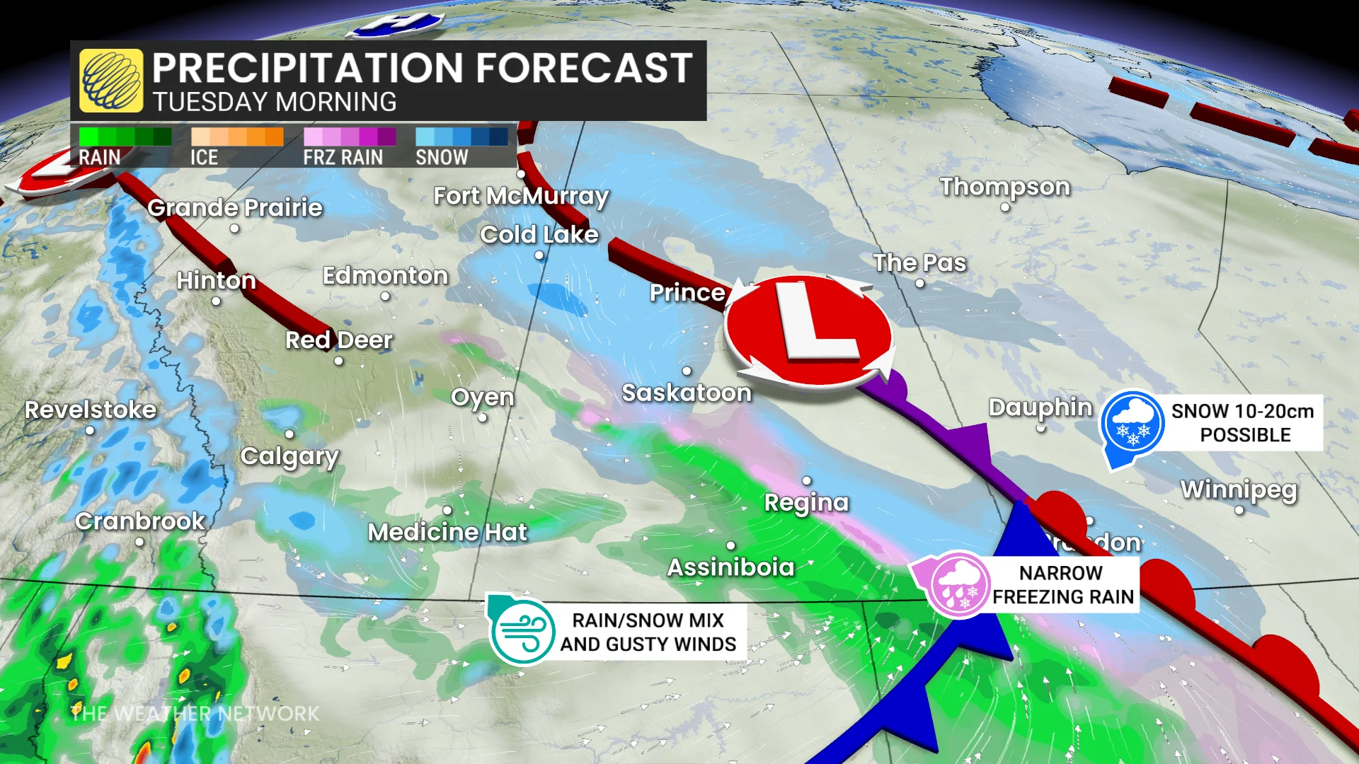 Prairies precipitation timing Tuesday morning