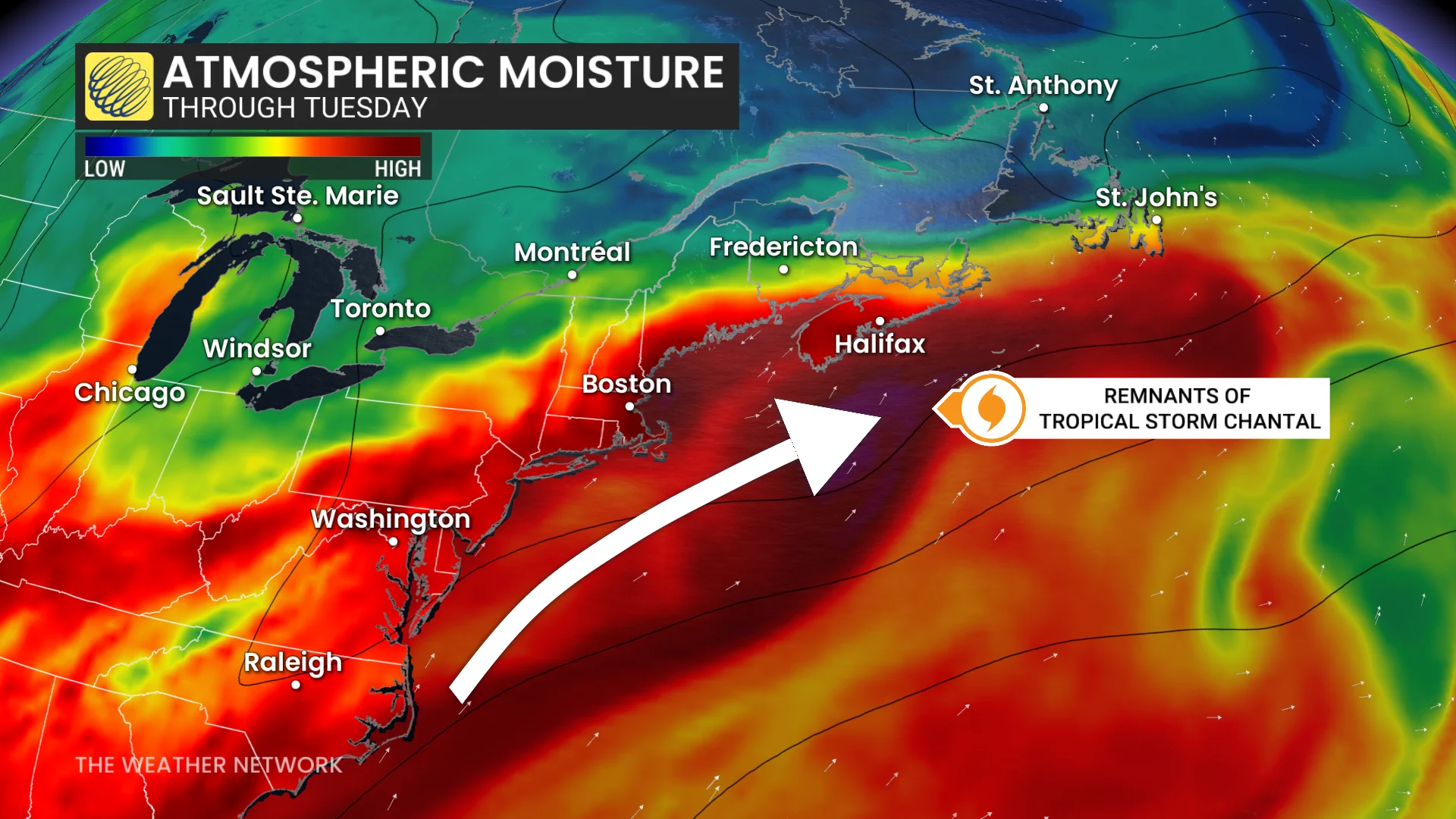 Atmospheric moisture Atlantic Canada through Tuesday