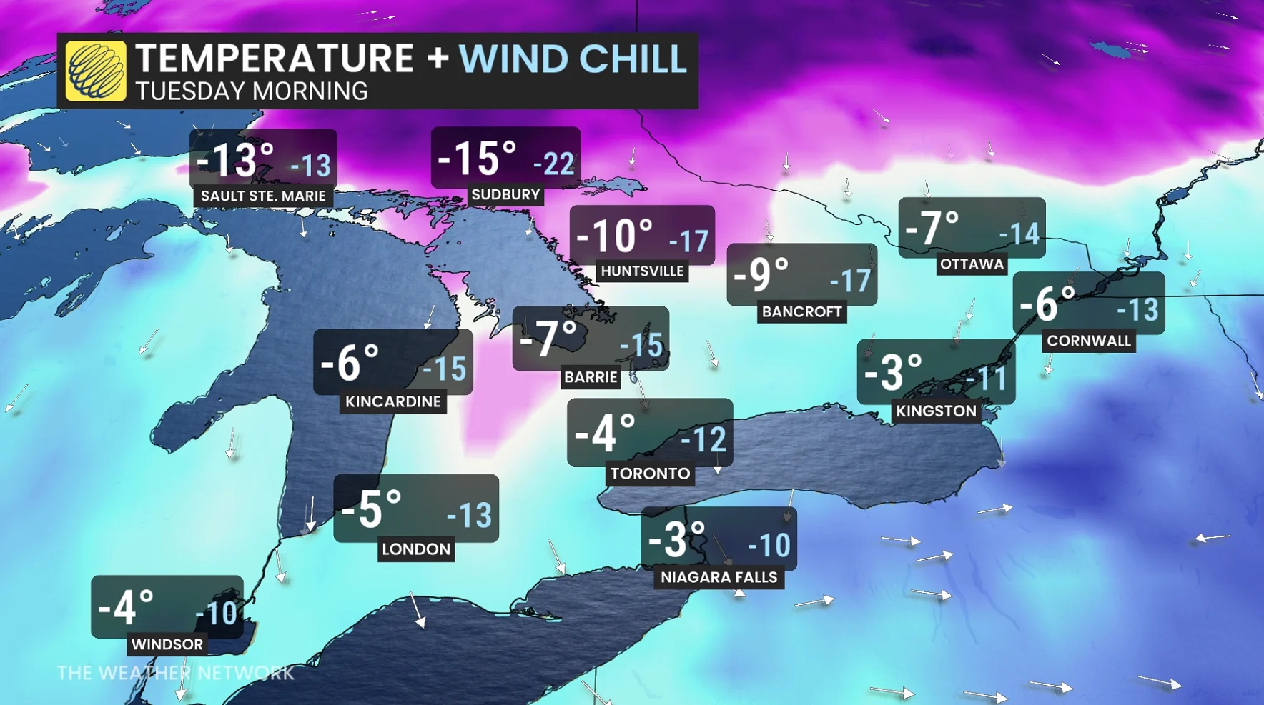 Ontario temperature and wind chill Tuesday morning