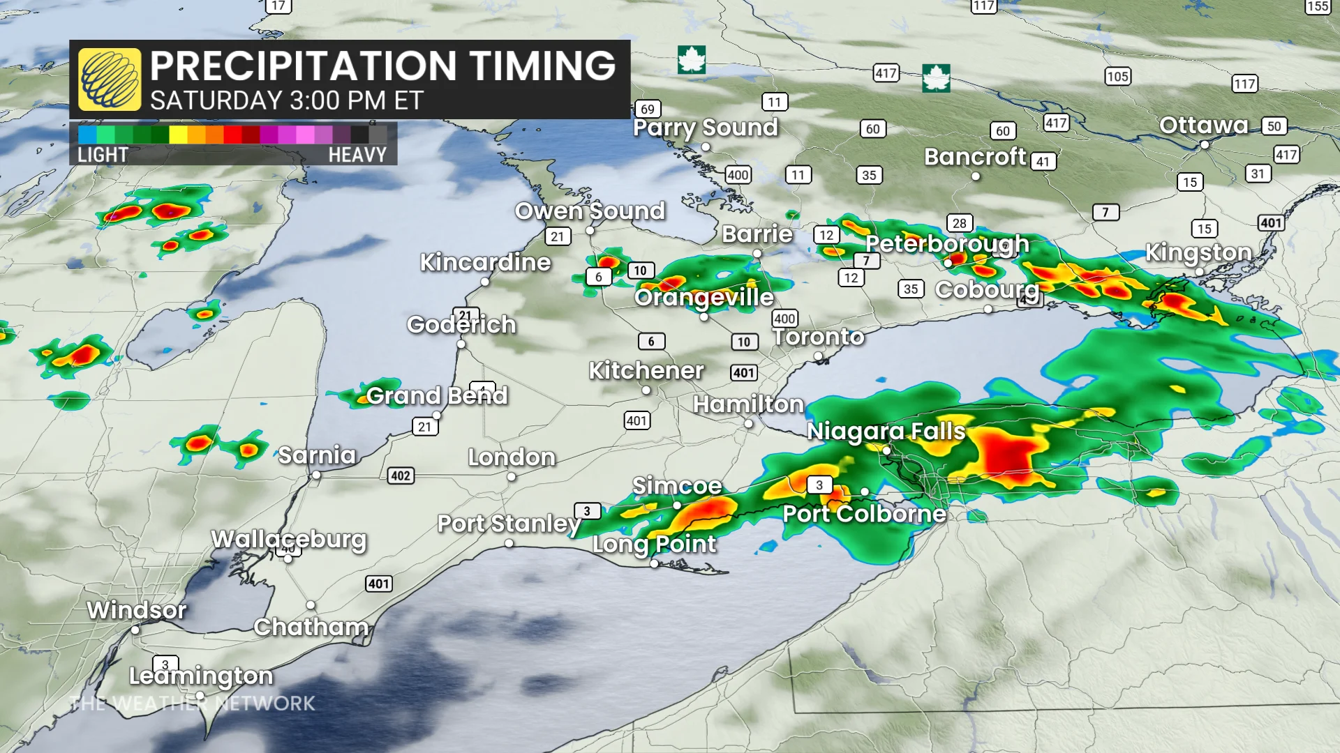 Ontario precipitation timing Saturday afternoon