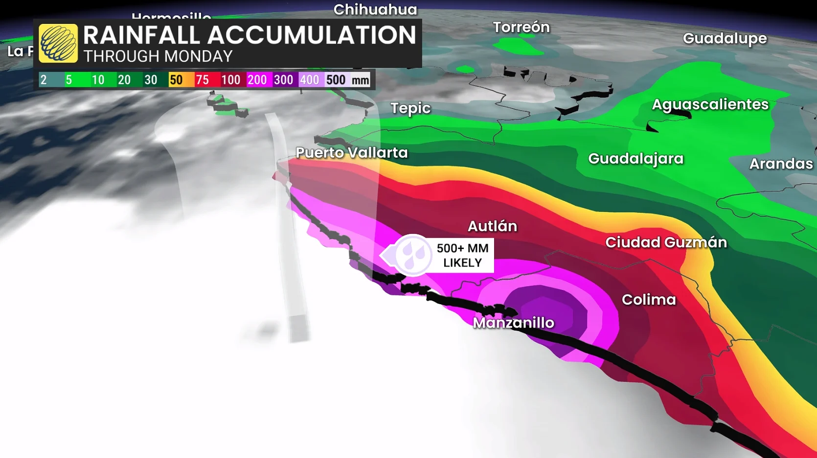 Hurricane Simon rainfall accumulation through Monday