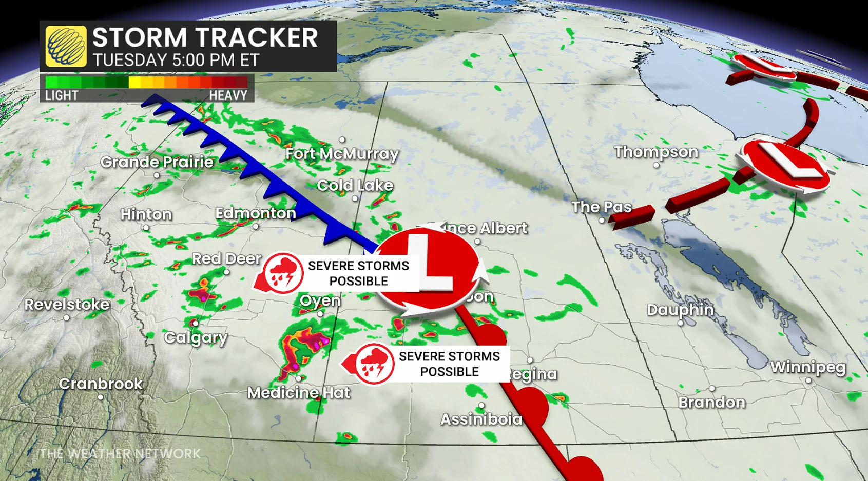 Prairies precipitation timing Tuesday evening