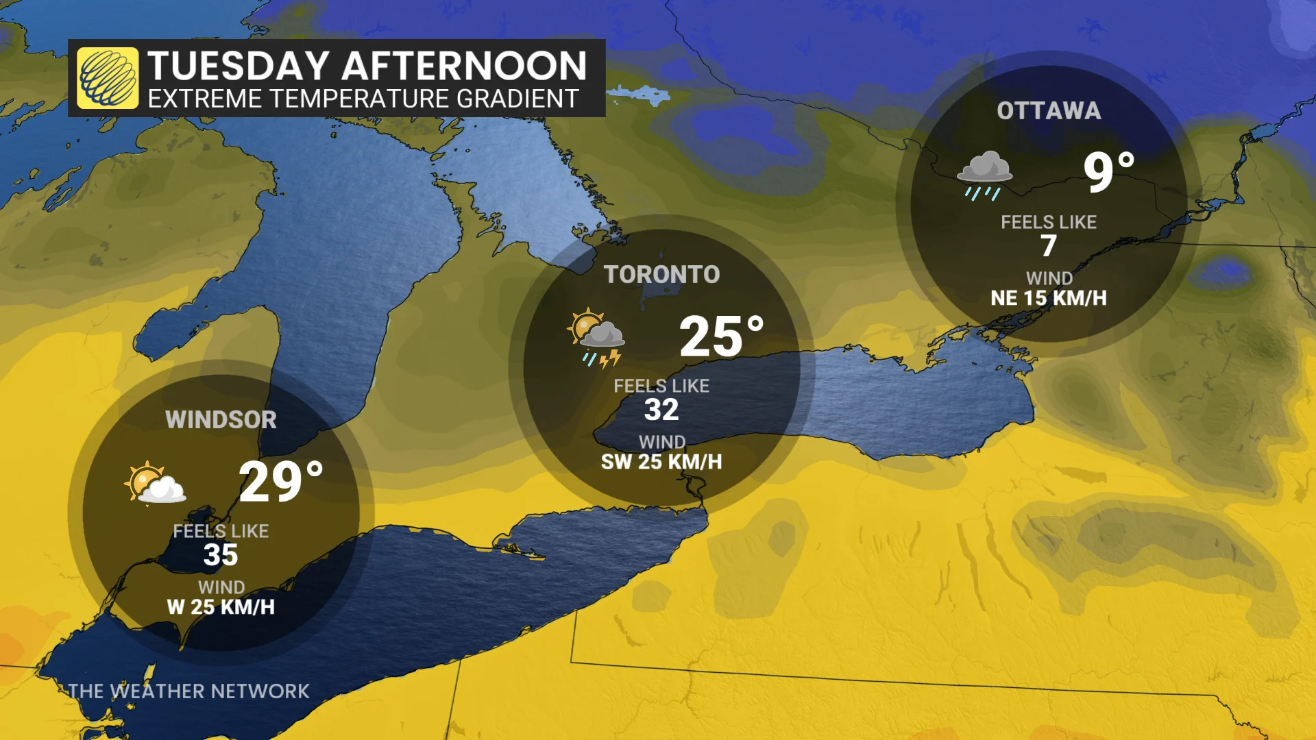 Ontario Tuesday temperature gradient - Oct. 13, 2026