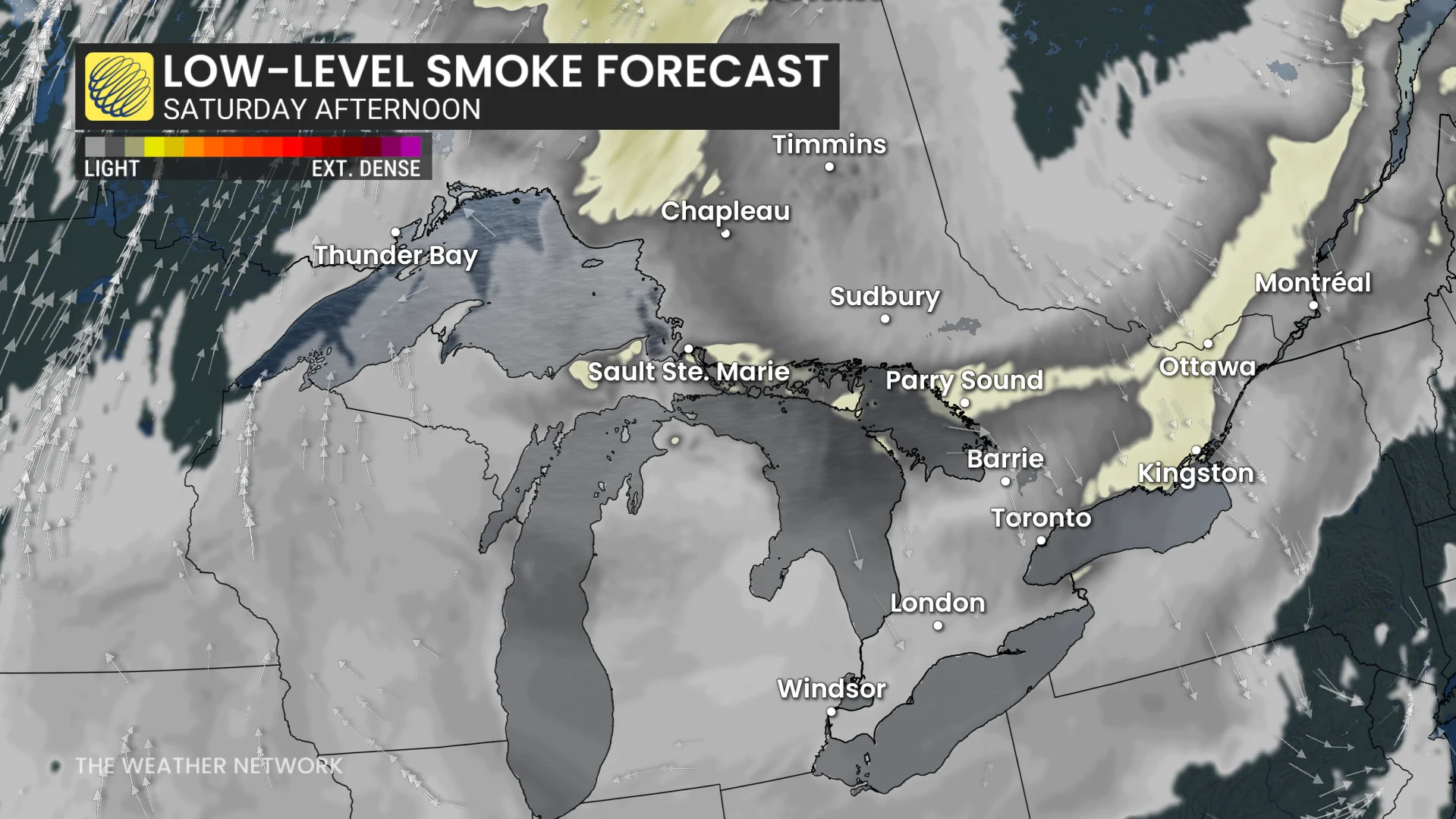 Ontario and Quebec low-level smoke forecast Saturday afternoon
