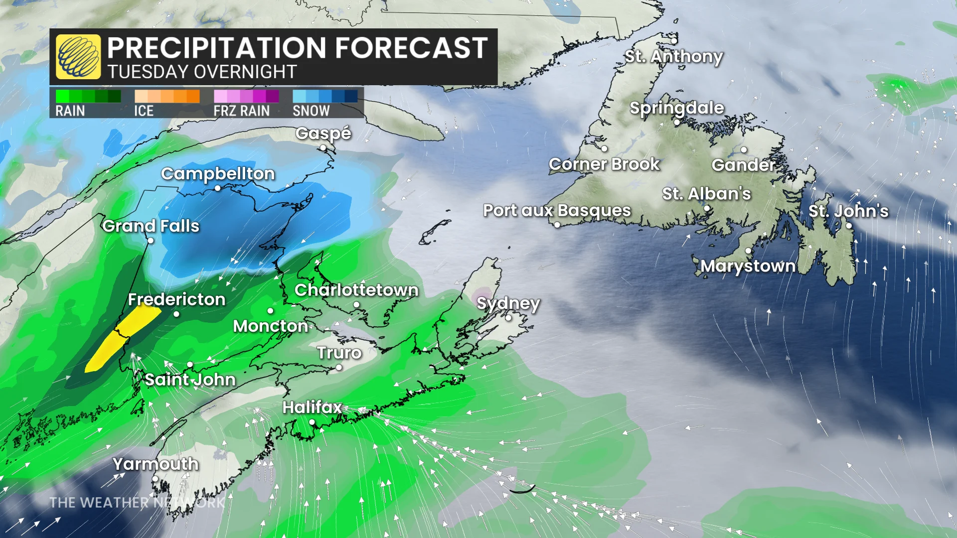 Atlantic Canada Tuesday overnight precipitation timing forecast