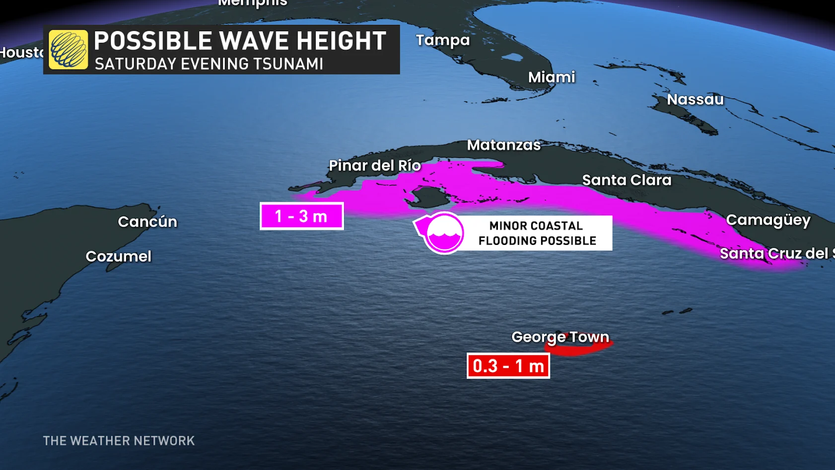 Cuba, Cayman Islands possible tsunami wave height - Feb. 8, 2025