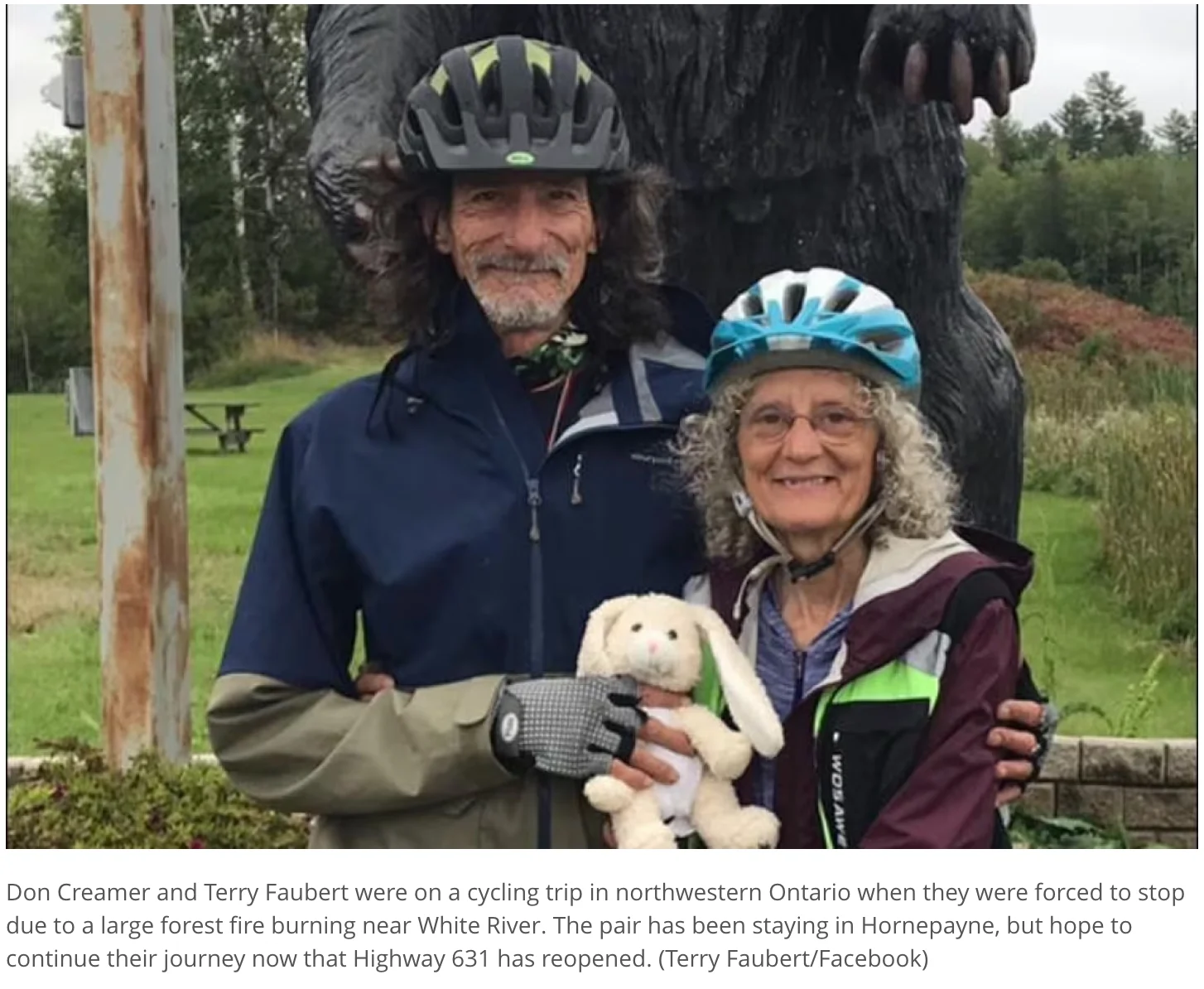 CBC: Don Creamer and Terry Faubert were on a cycling trip in northwestern Ontario when they were forced to stop due to a large forest fire burning near White River. The pair has been staying in Hornepayne, but hope to continue their journey now that Highway 631 has reopened. (Terry Faubert/Facebook)
