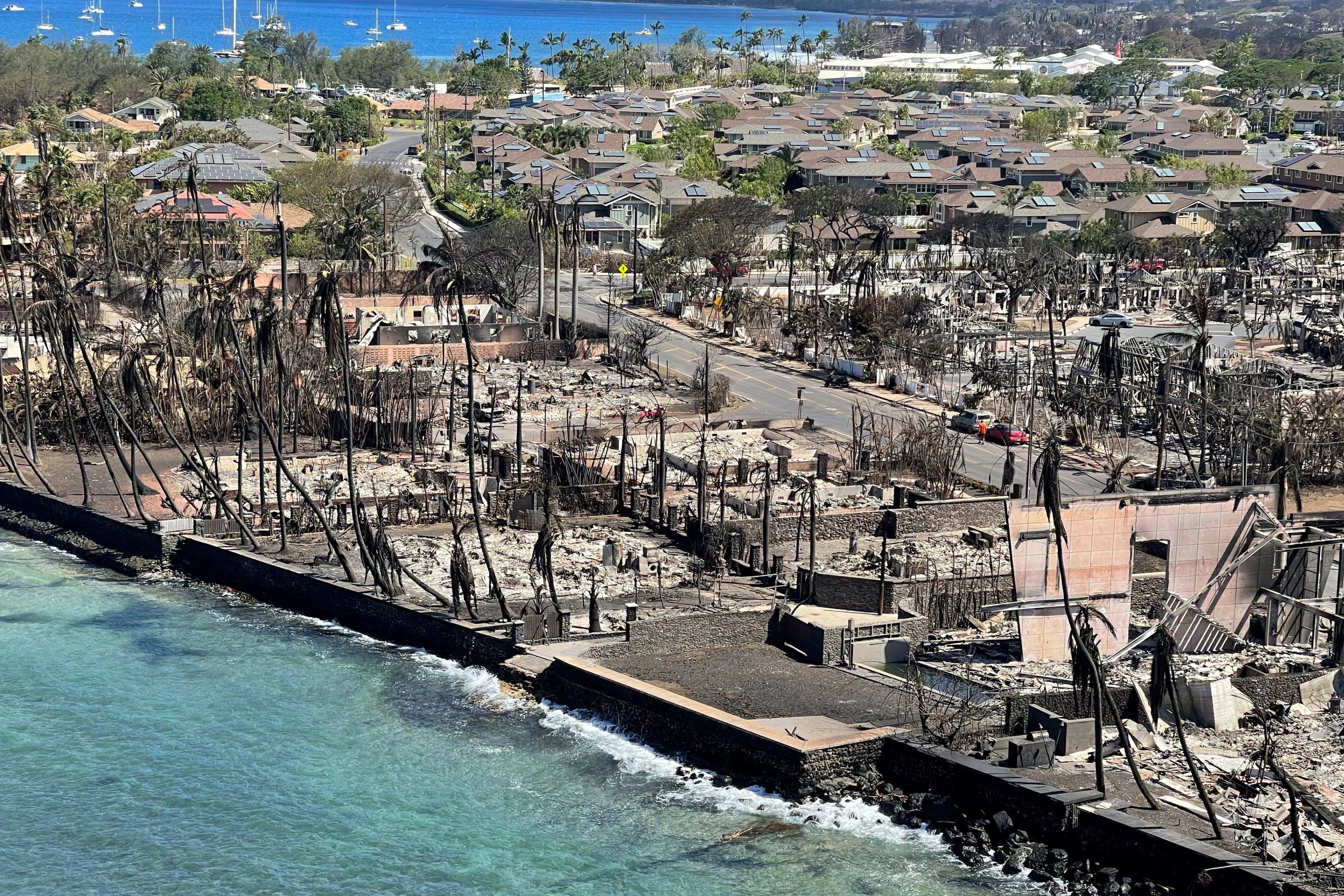 Reuters: The shells of burned houses and buildings are left after wildfires driven by high winds burned across most of the town in Lahaina, Maui, Hawaii, U.S. August 11, 2023. Hawai'i Department of Land and Natural Resources/Handout via REUTERS
