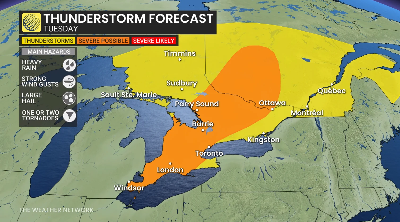 Ontario storm risk map Tuesday