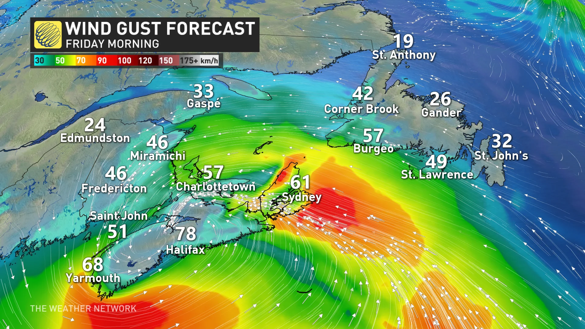 Atlantic Canada Friday morning wins gusts