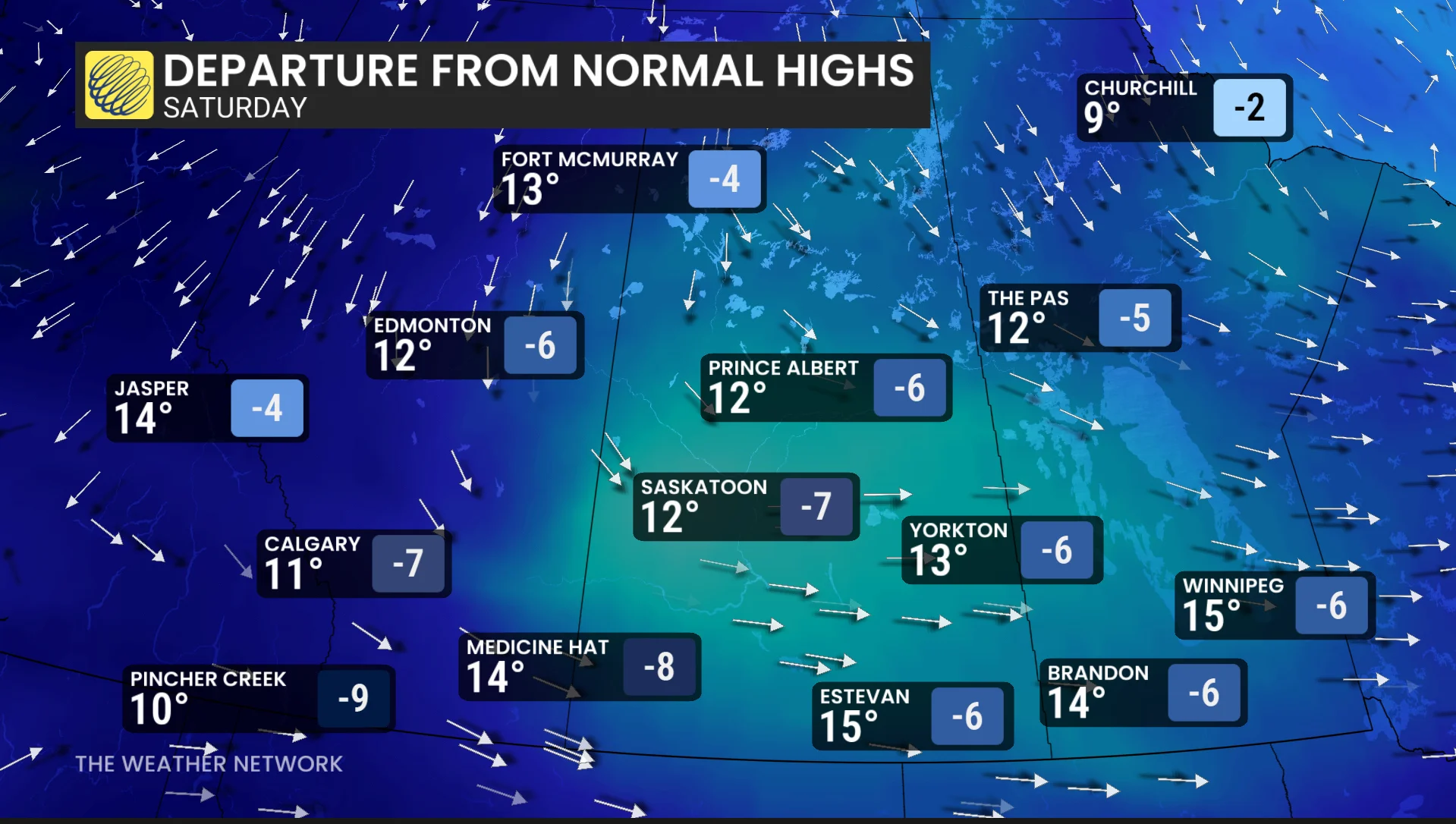Prairies departure from normal Saturday