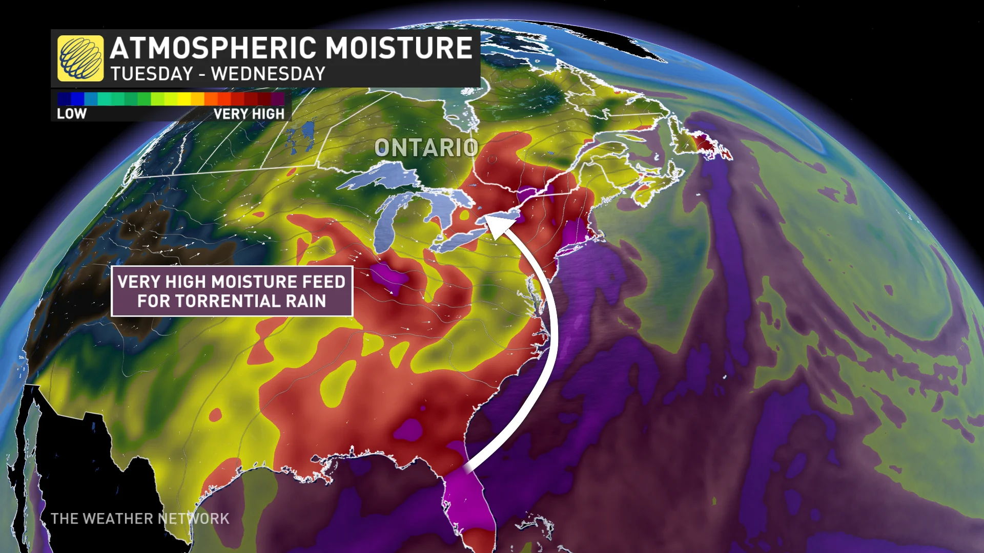 Atmospheric moisture in Ontario Tuesday and Wednesday