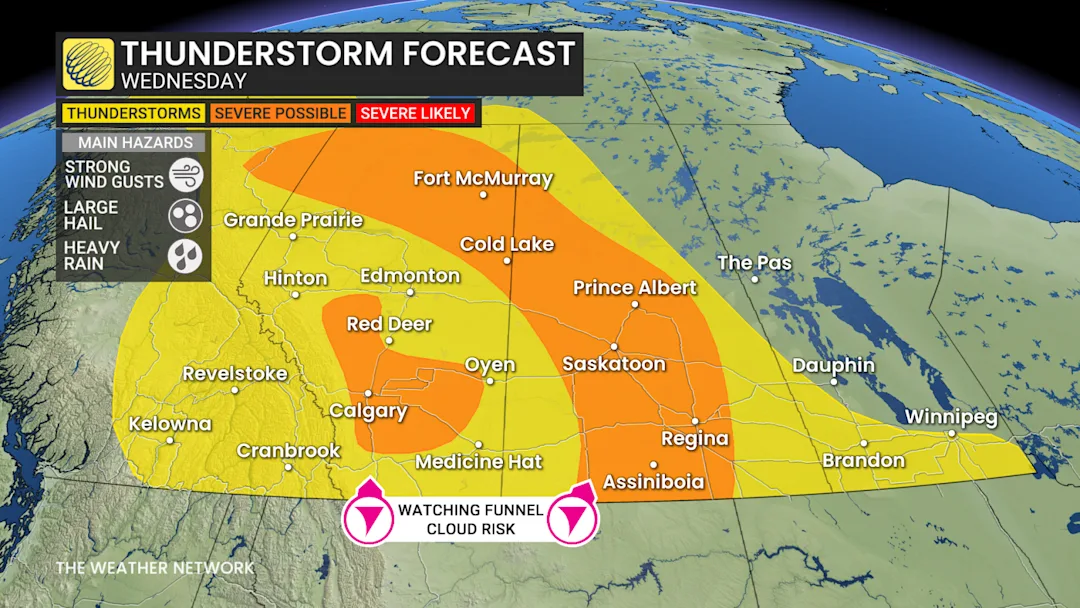 Large hail threat with severe storms over the Prairies into Wednesday ...
