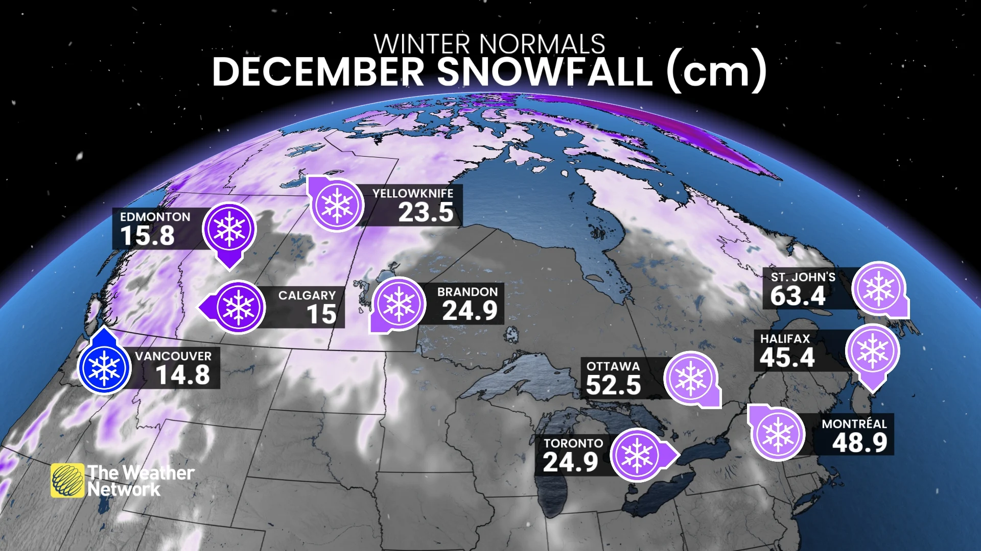 December Snowfall normals in Canada's major cities