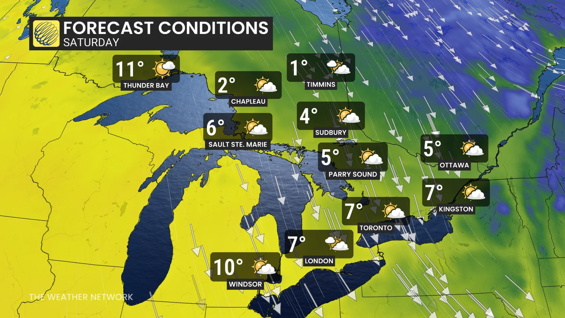 Ontario temperatures and icons Saturday