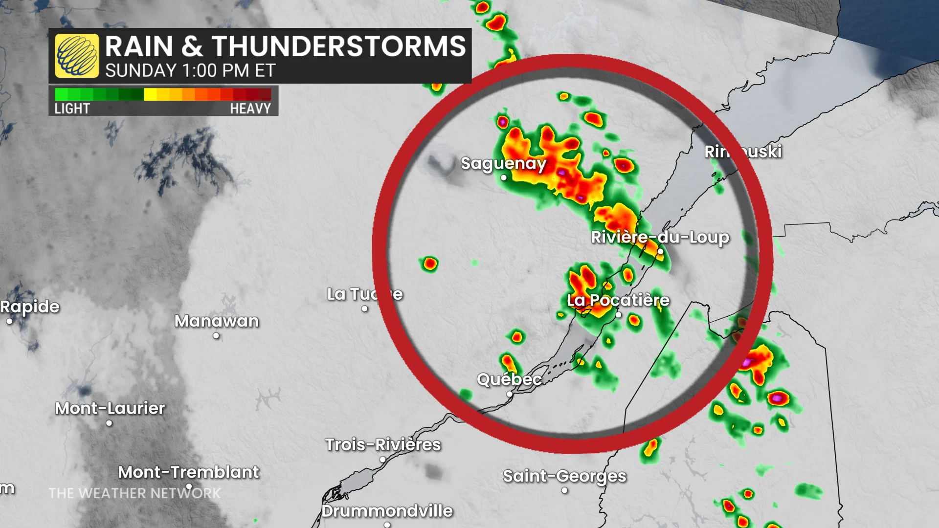 Quebec precipitation timing Sunday afternoon
