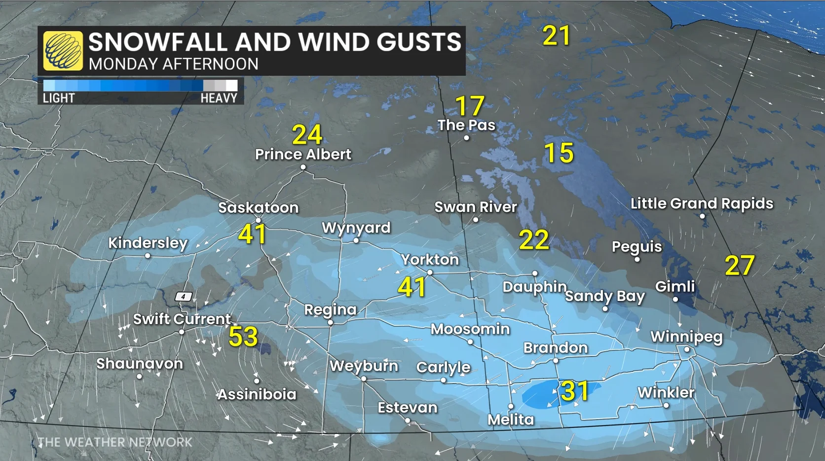 Saskatchewan and Manitoba wind and snow Monday afternoon