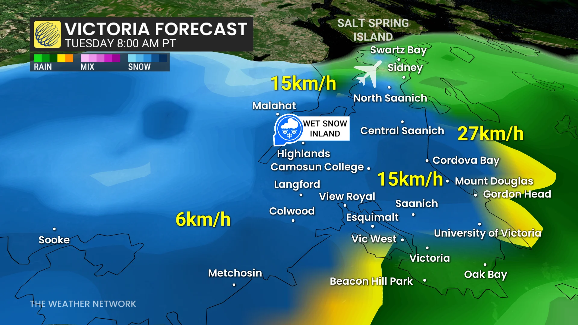 Victoria precipitation timing Tuesday morning