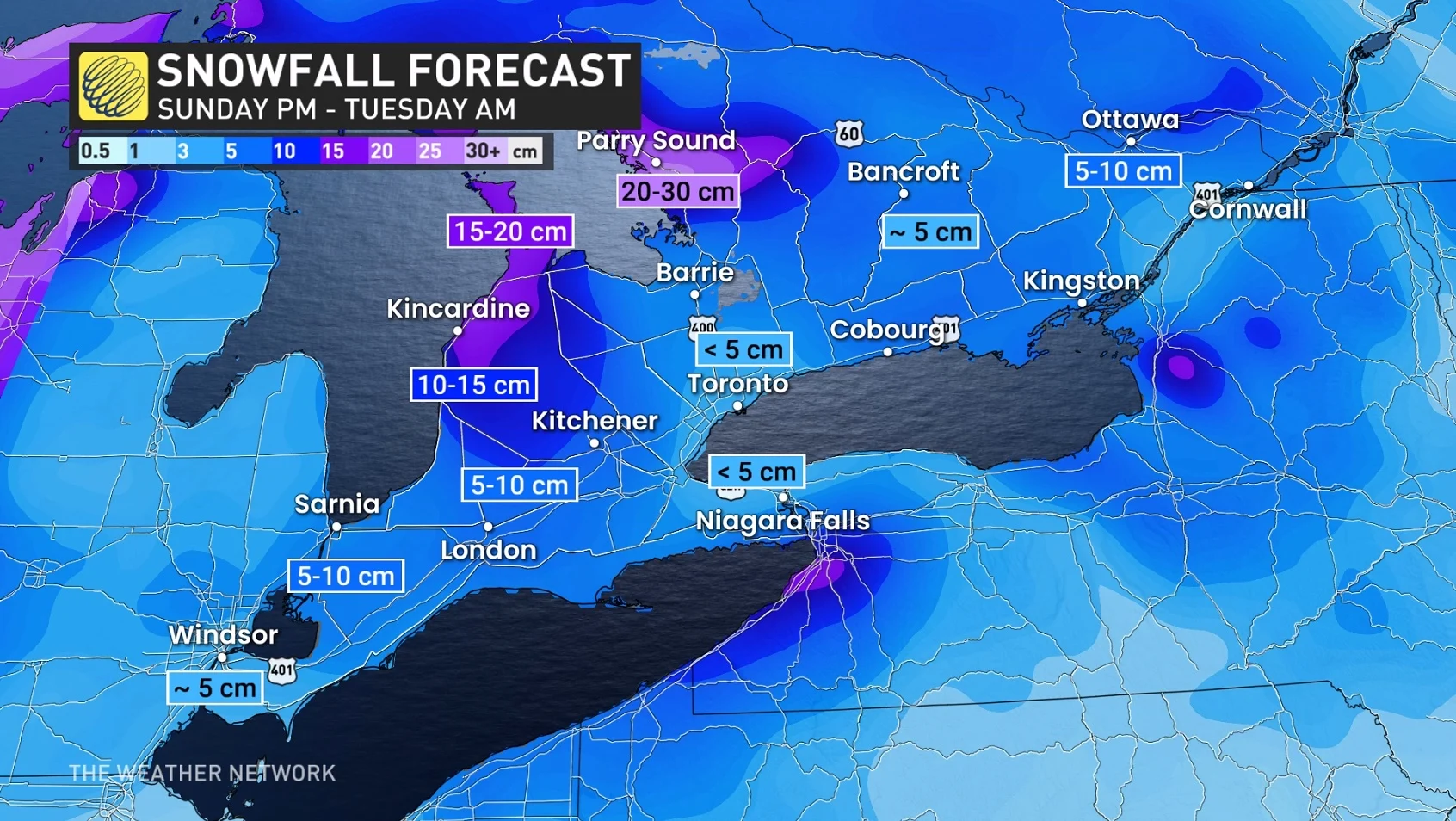 Southern Ontario snowfall forecast crop through Tuesday morning