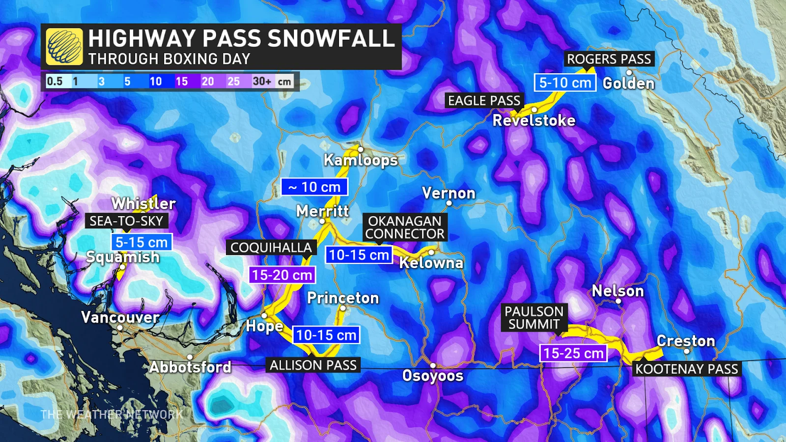 B.C. highway forecast snow totals - Dec. 25, 2024