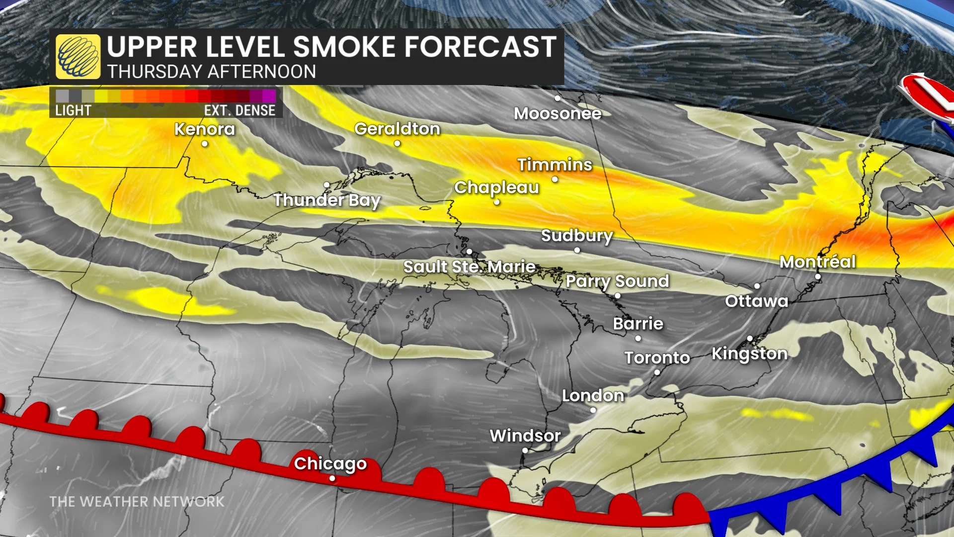 Ontario upper-level smoke forecast Thursday afternoon