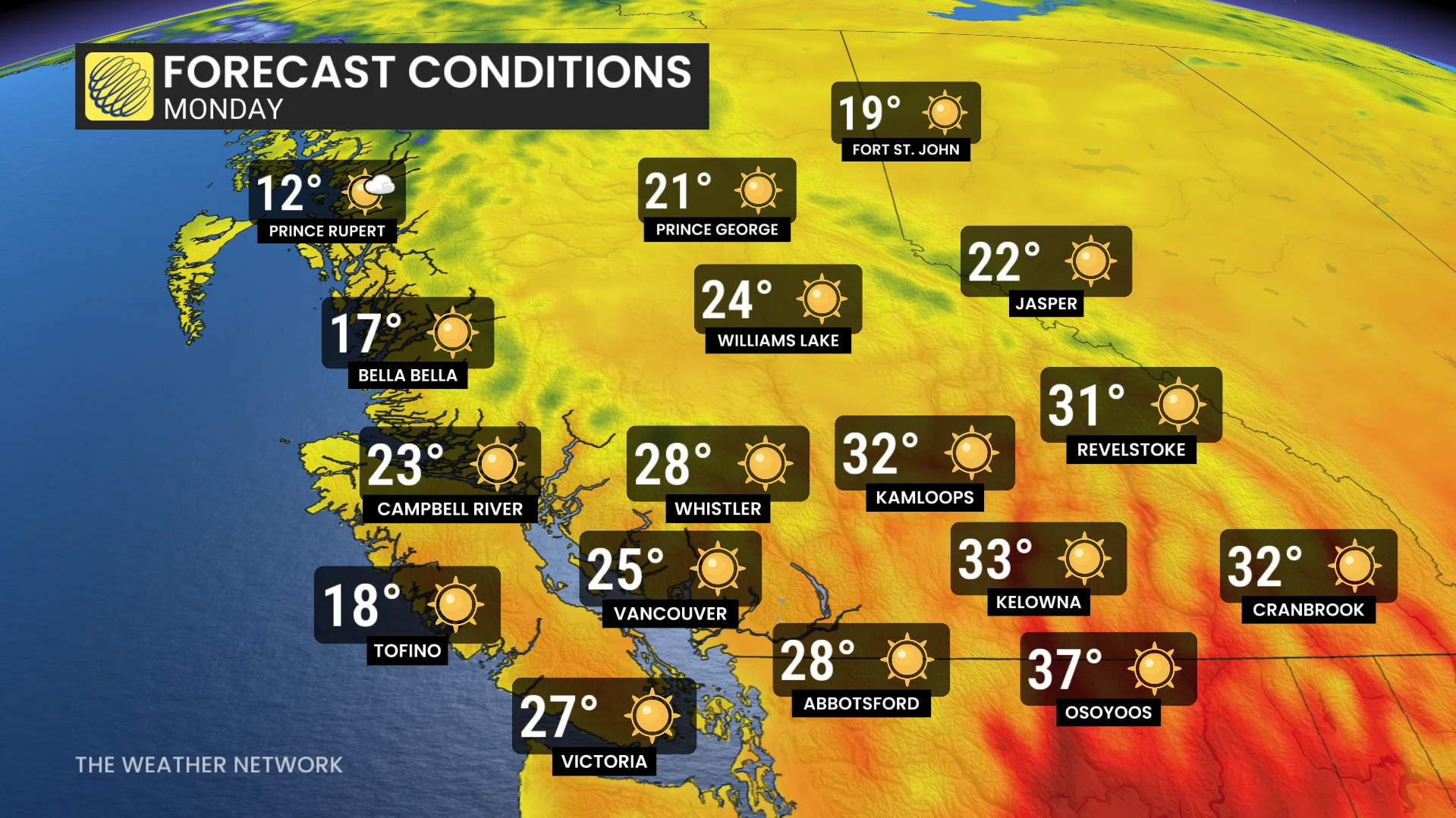 B.C. Monday forecast conditions and temperatures
