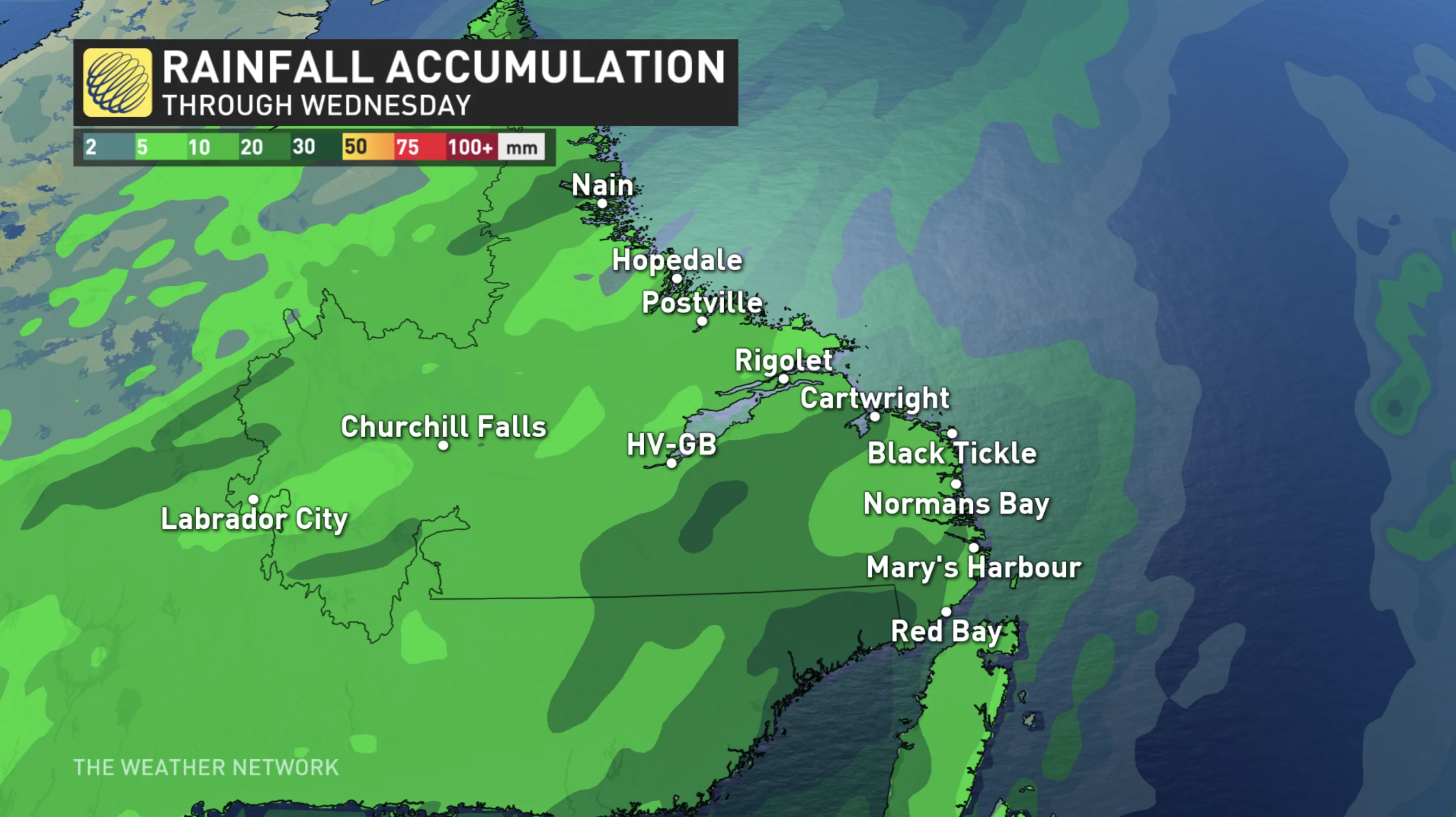Churchill Falls, Newfoundland and Labrador: Rainfall forecast for Wednesday, June 26, 2024