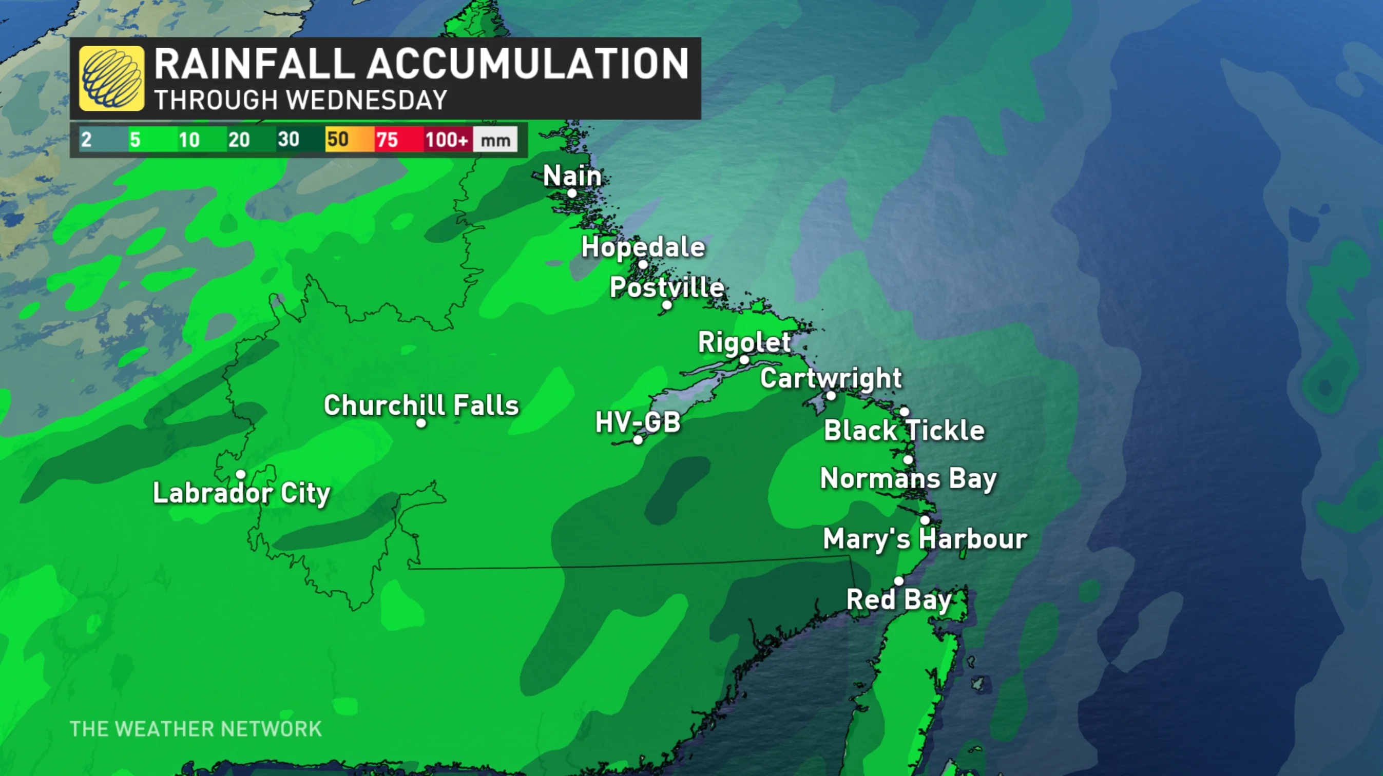 Churchill Falls, Newfoundland and Labrador: Rainfall forecast for Wednesday, June 26, 2024